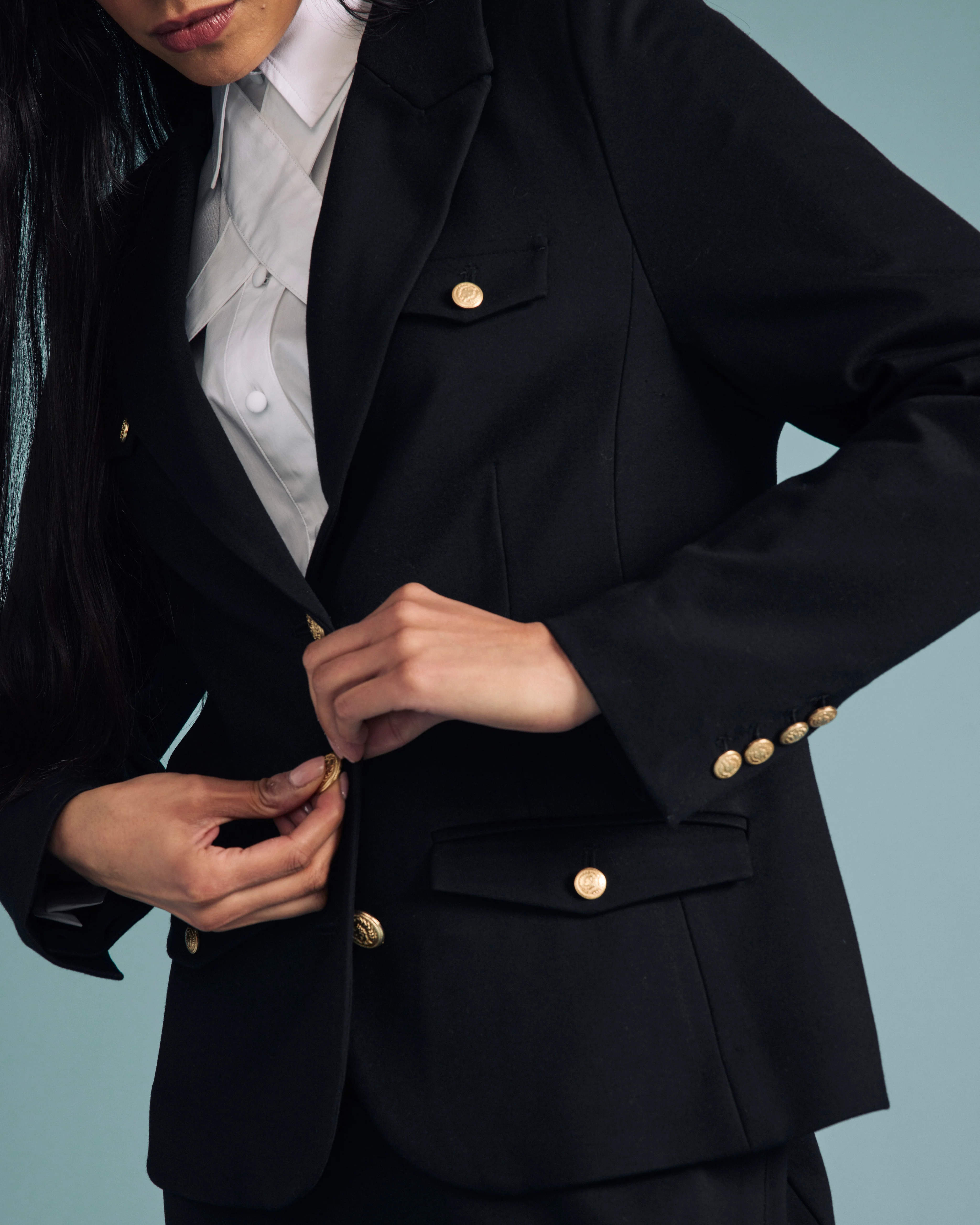 4 Pocket Ponte Blazer - Black with Gold Buttons - Image 3