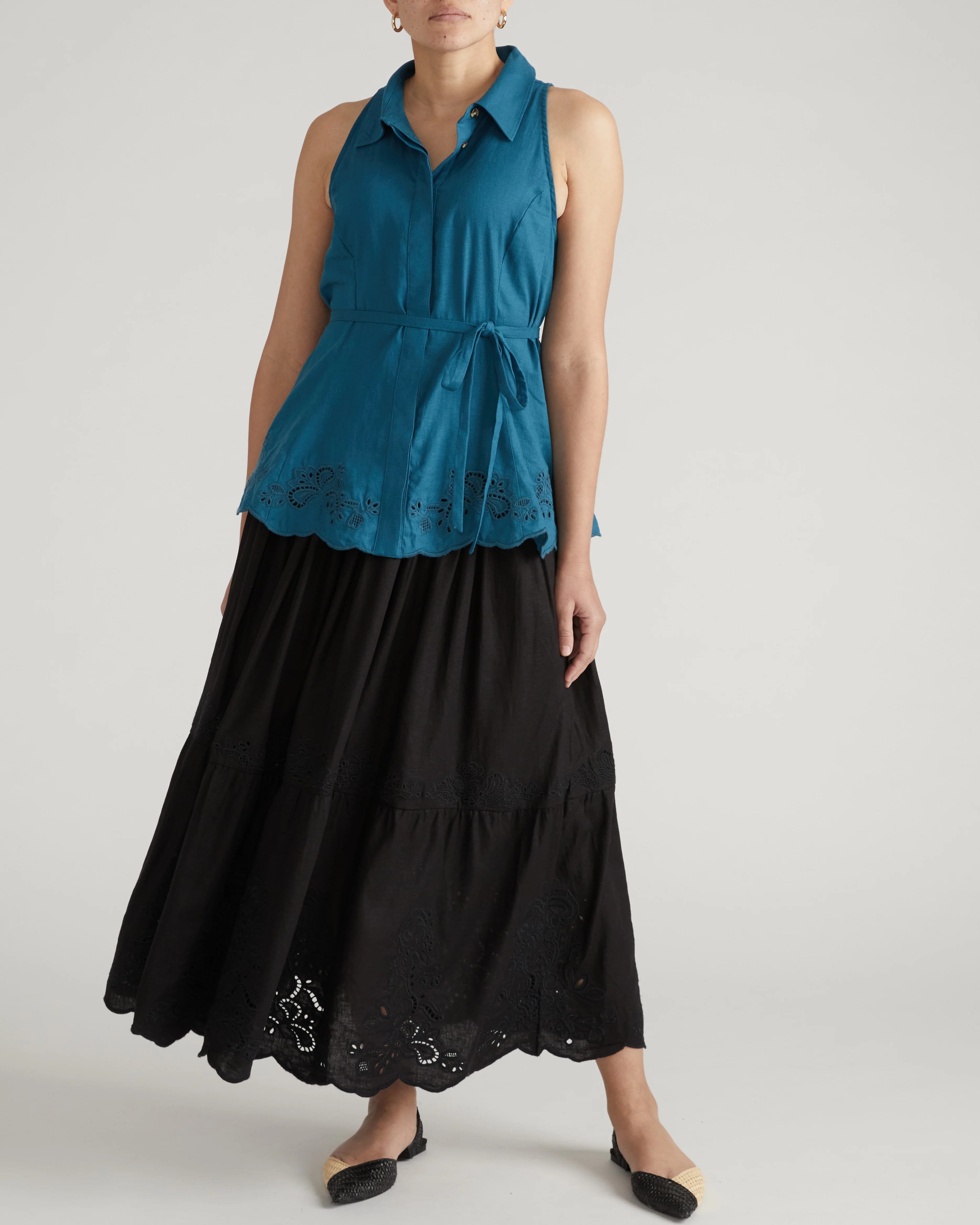 Adelaide Embroidered Sleeveless Linen Shirt - Ink Blue - Image 5