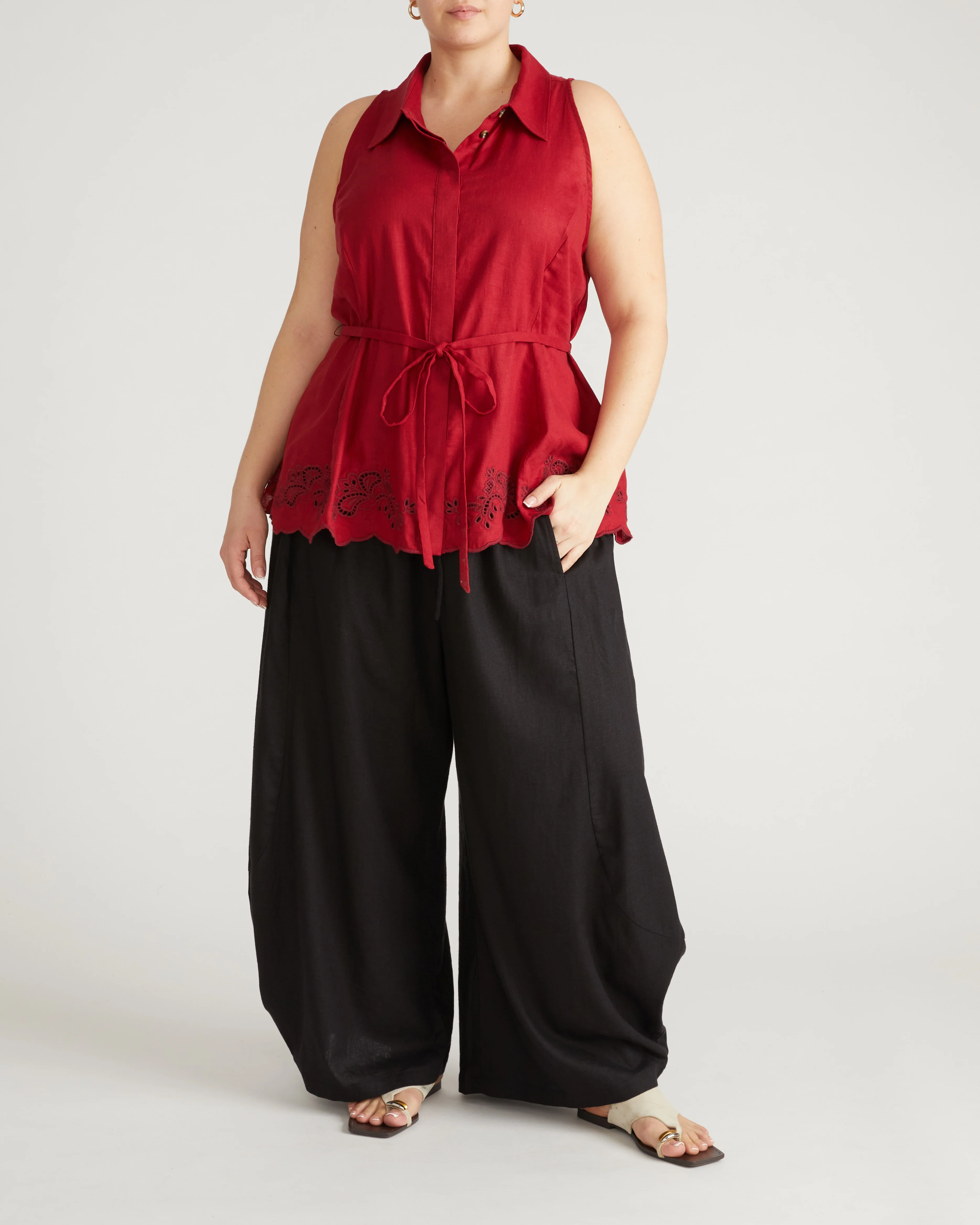 Adelaide Embroidered Sleeveless Linen Shirt - Vibrant Red - Image 4