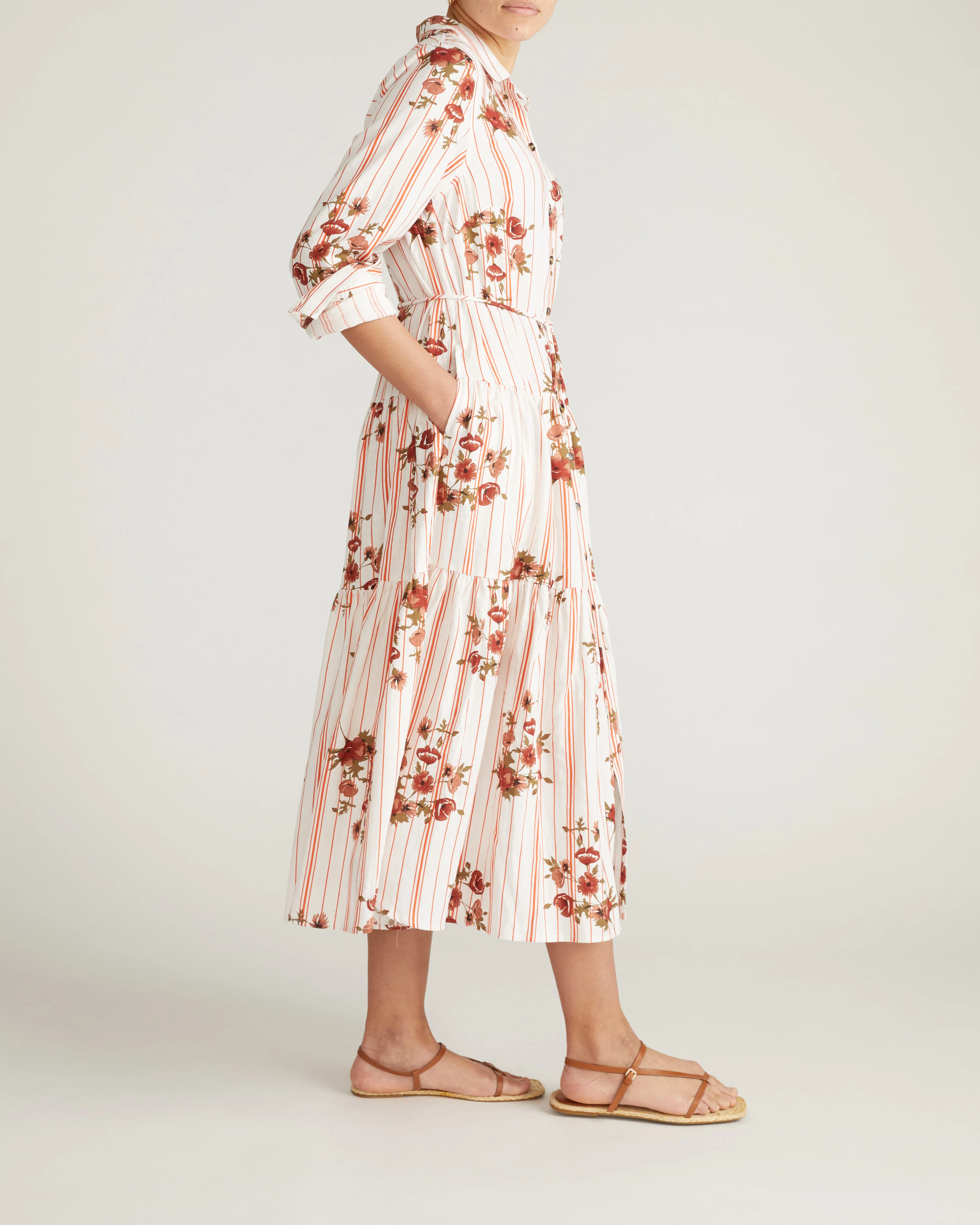Alix Linen Shirtdress - Wild Flower Bouquet Print on Stripes - Image 5