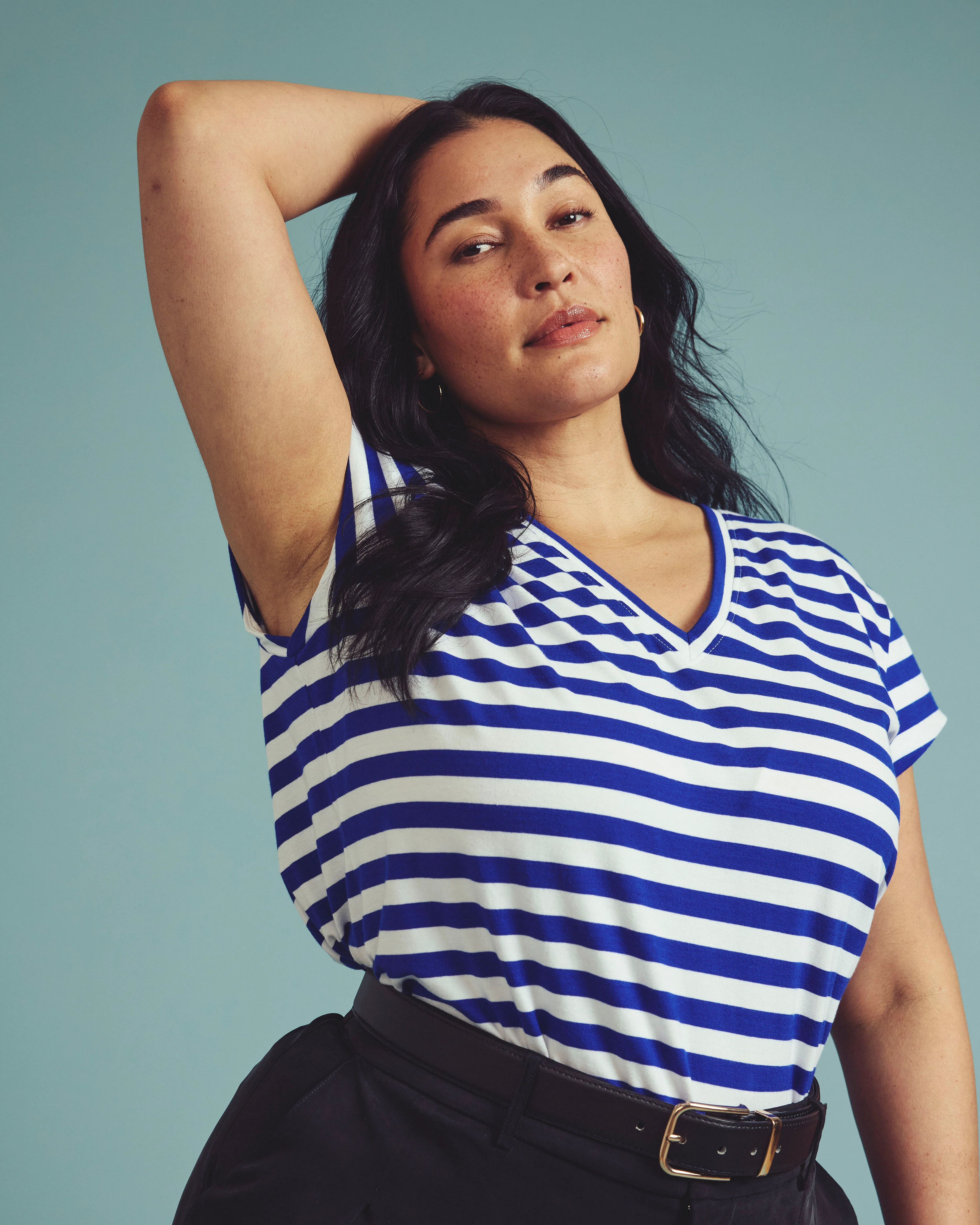 Ashley V Neck Cap Sleeve Tee - Hammersmith Blue/White Stripe - Image 3