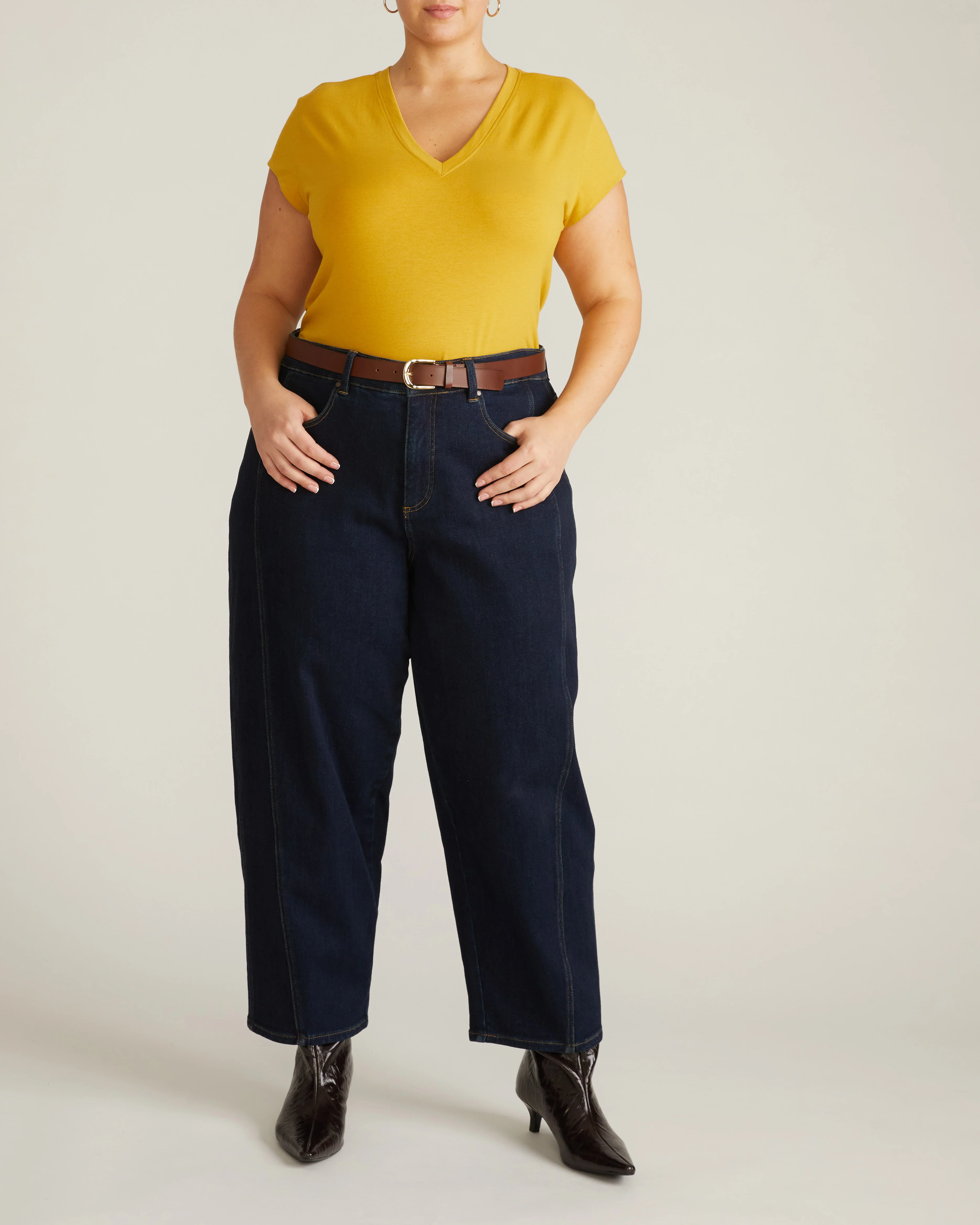 Ashley V Neck Cap Sleeve Tee - Yellow Ochre - Image 3