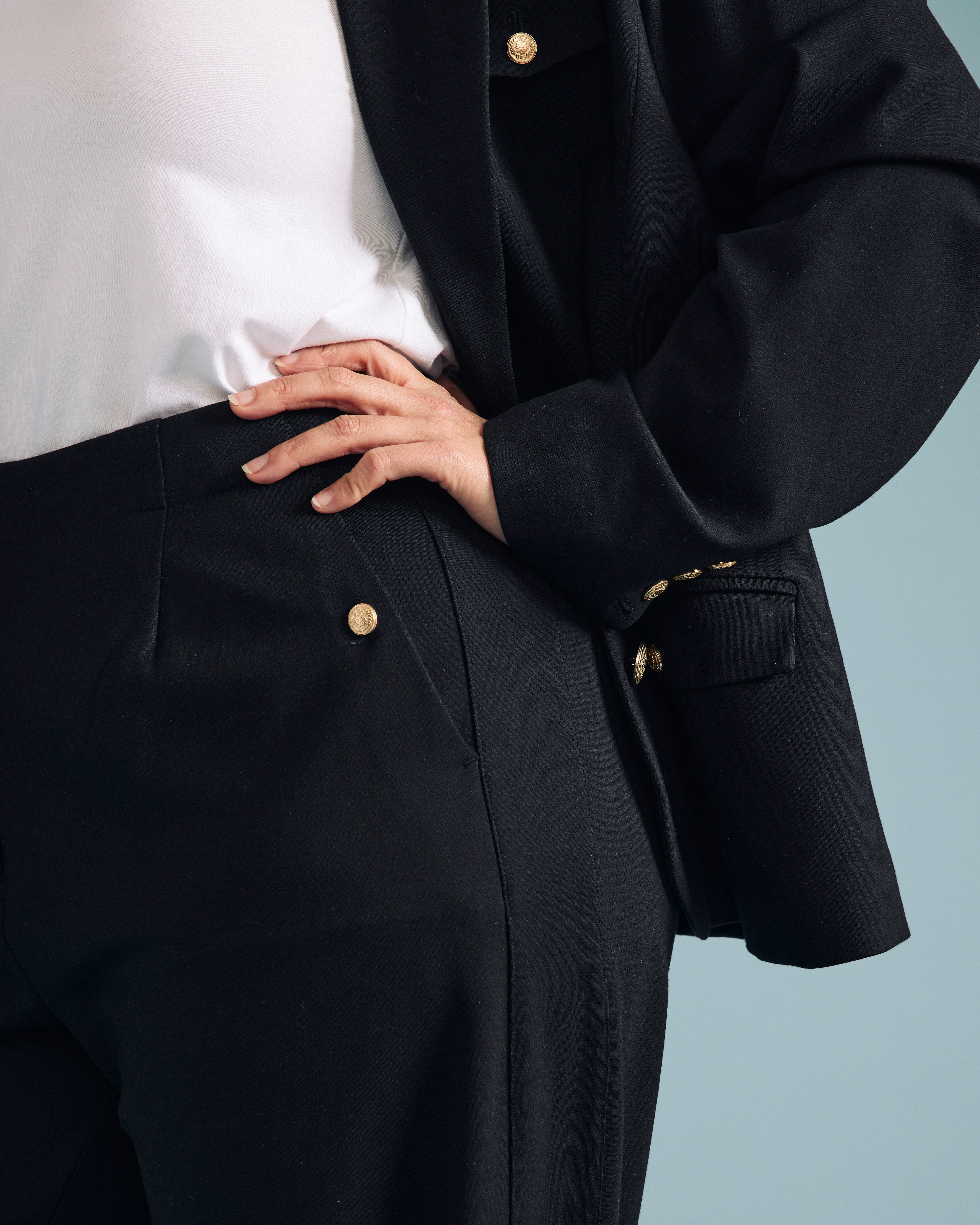 Audrey Tailored Ponte Pants - Black with Gold Buttons - Image 2