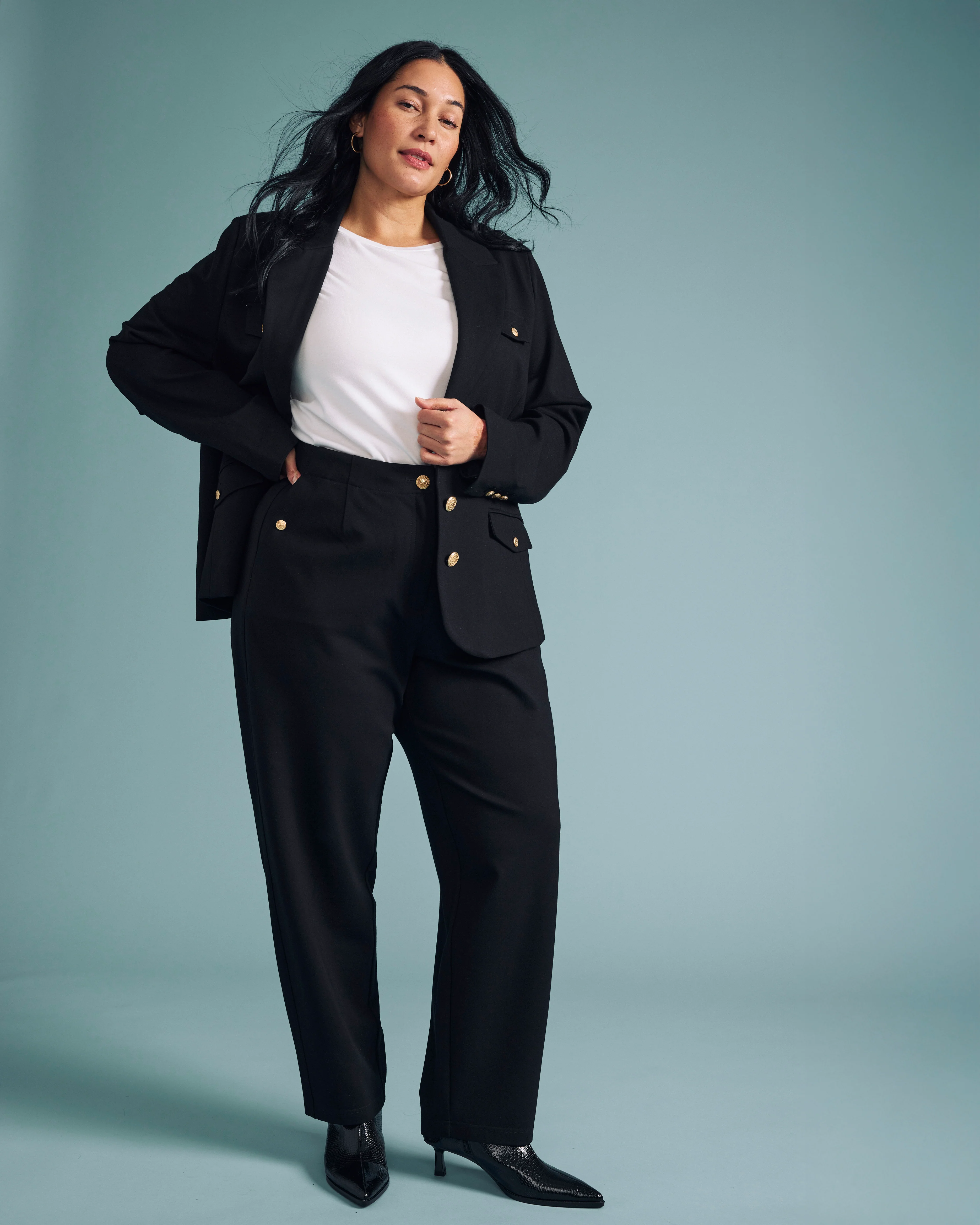 Audrey Tailored Ponte Pants - Black with Gold Buttons - Image 3