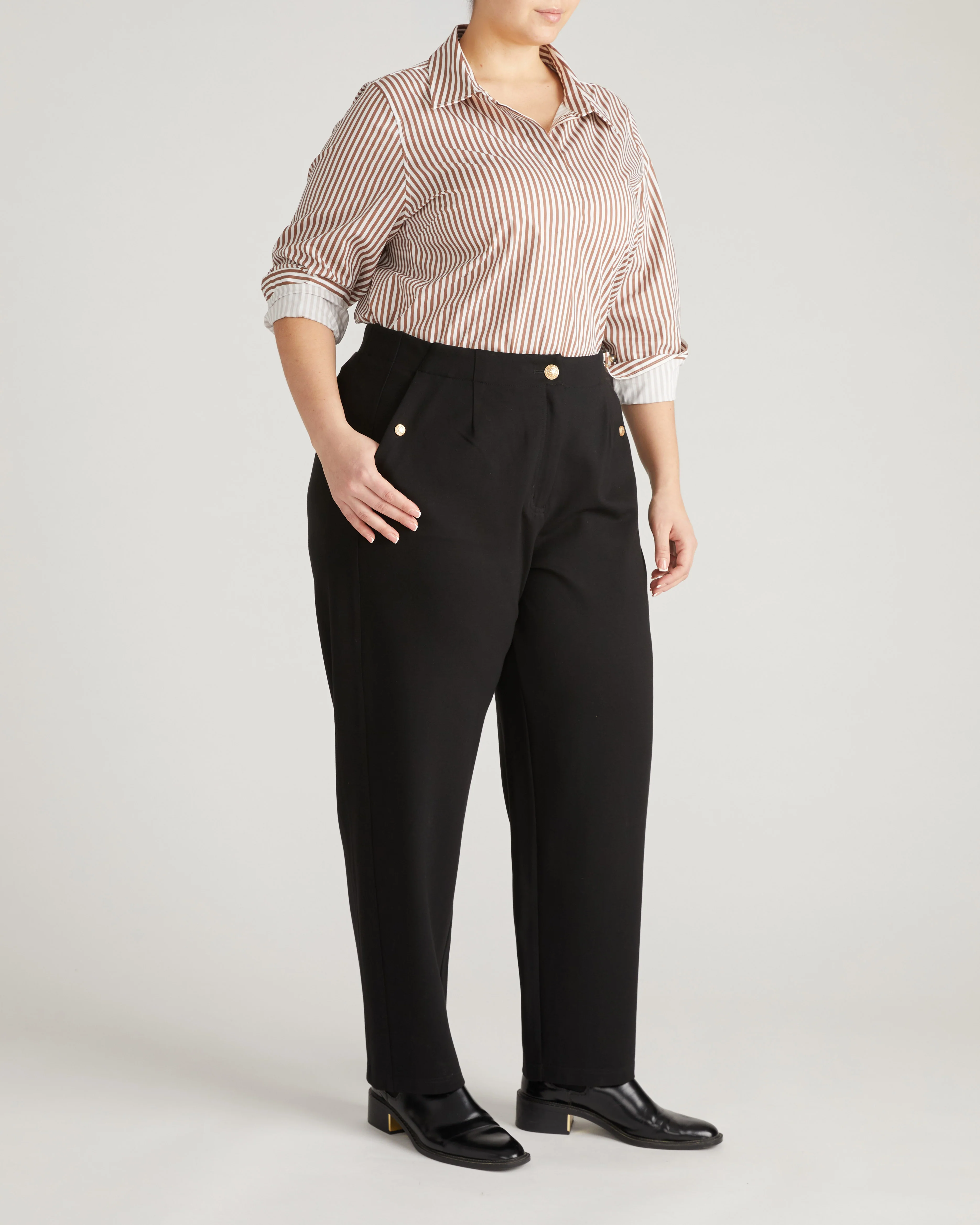 Audrey Tailored Ponte Pants - Black with Gold Buttons - Image 5
