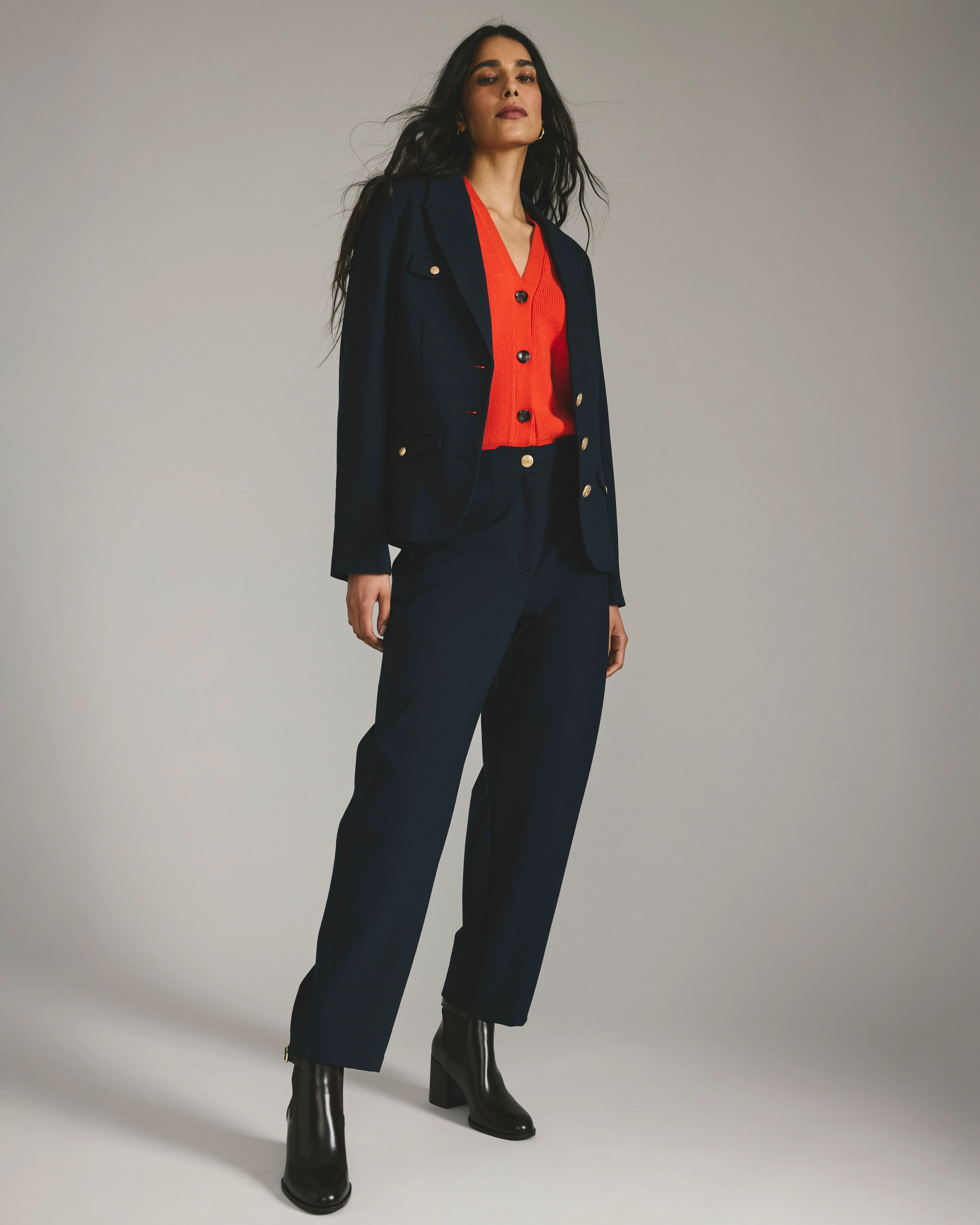 Audrey Tailored Ponte Pants - Navy with Gold Buttons - Image 2