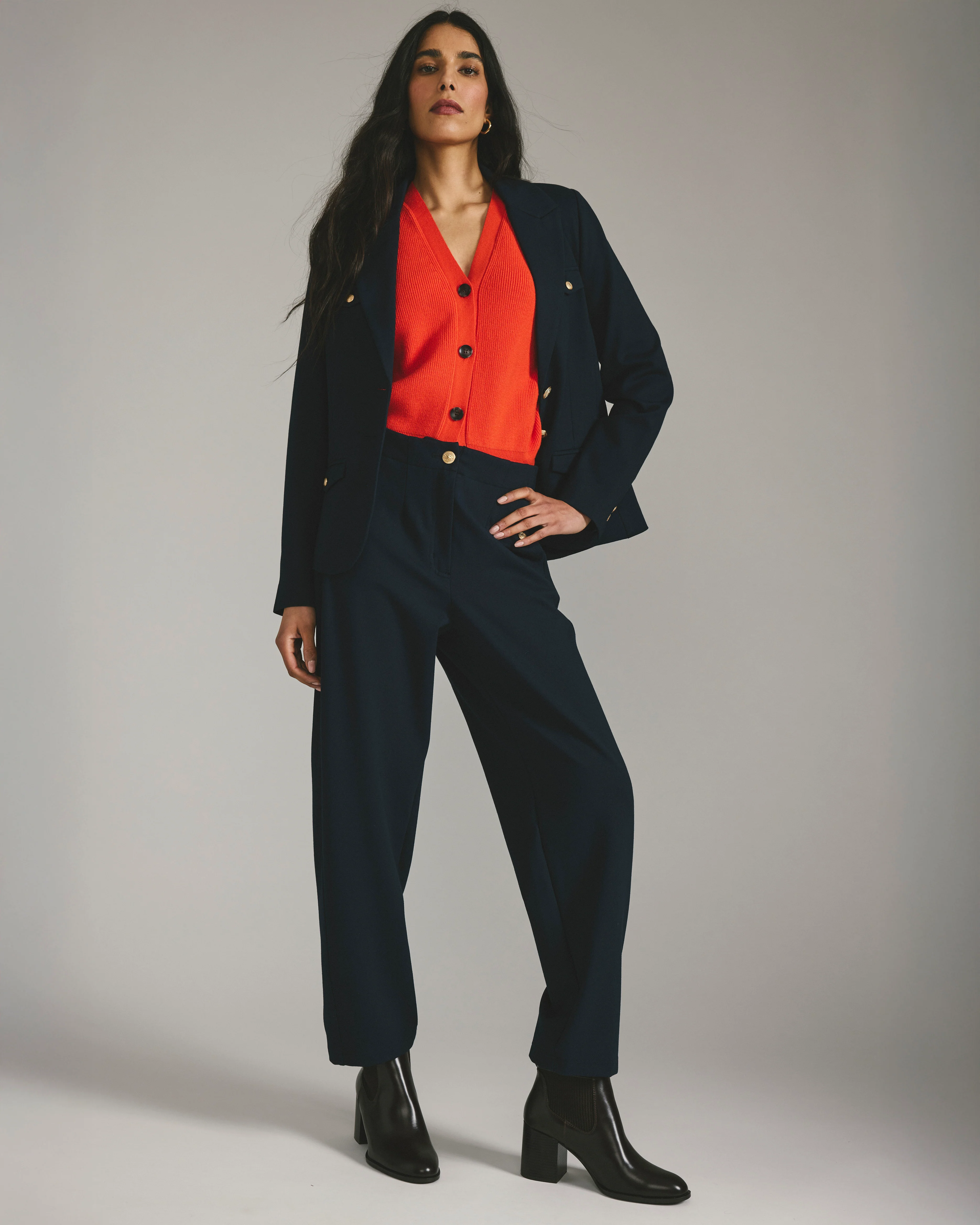 Audrey Tailored Ponte Pants - Navy with Gold Buttons - Image 7