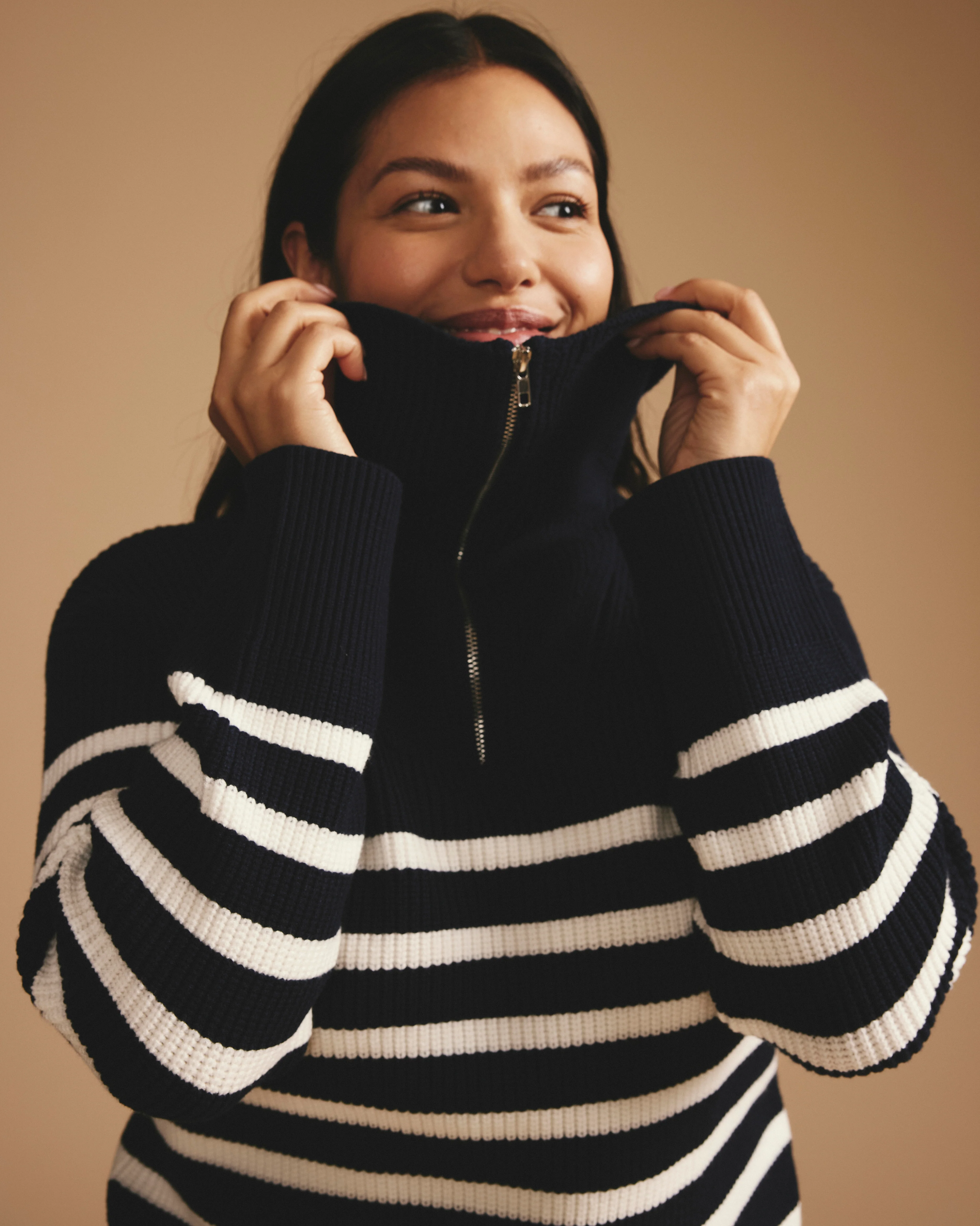 Brenda Zip Sweater - Navy/Cream Stripes - Image 2