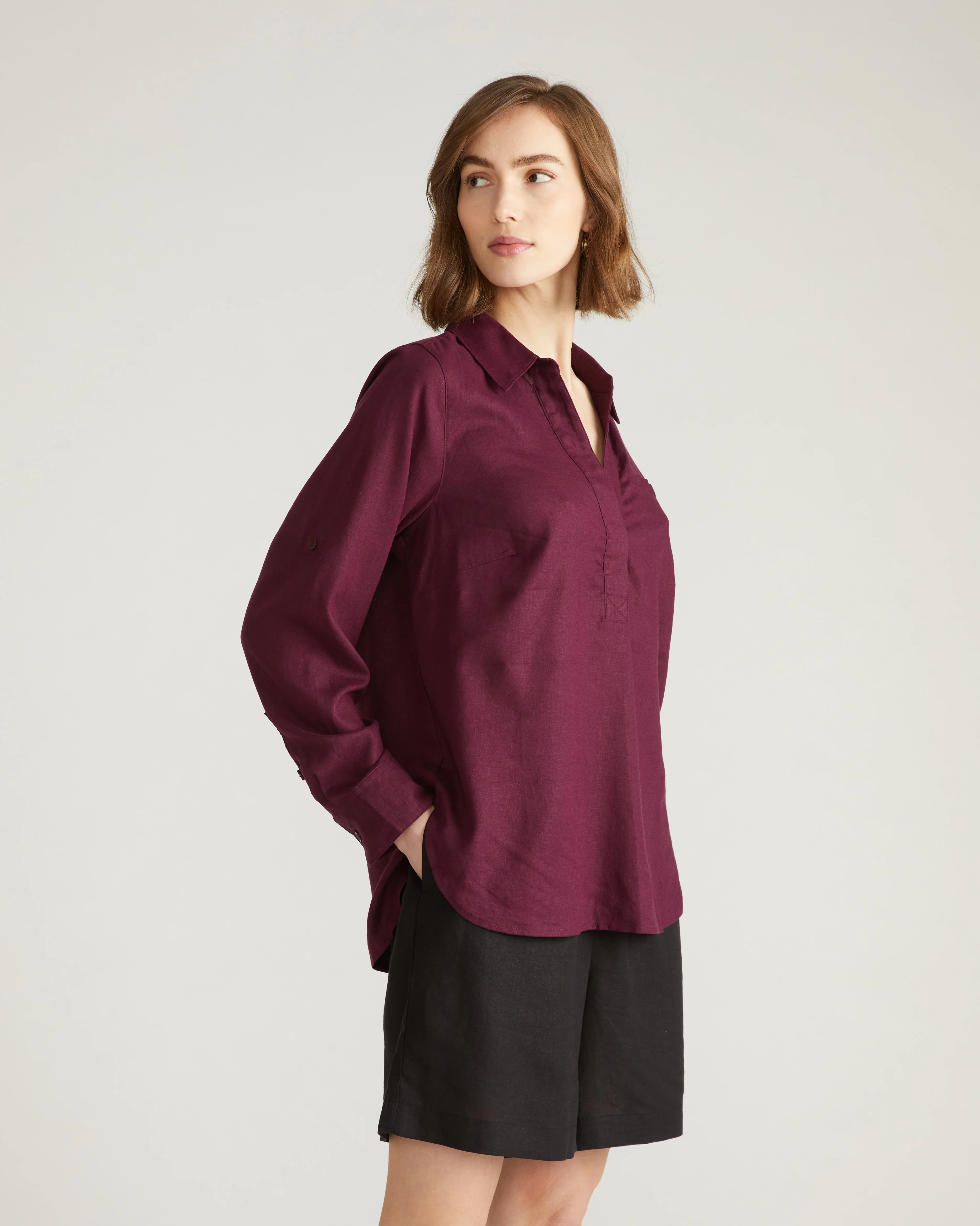 Button Back Linen Polo Shirt - Acai - Image 3