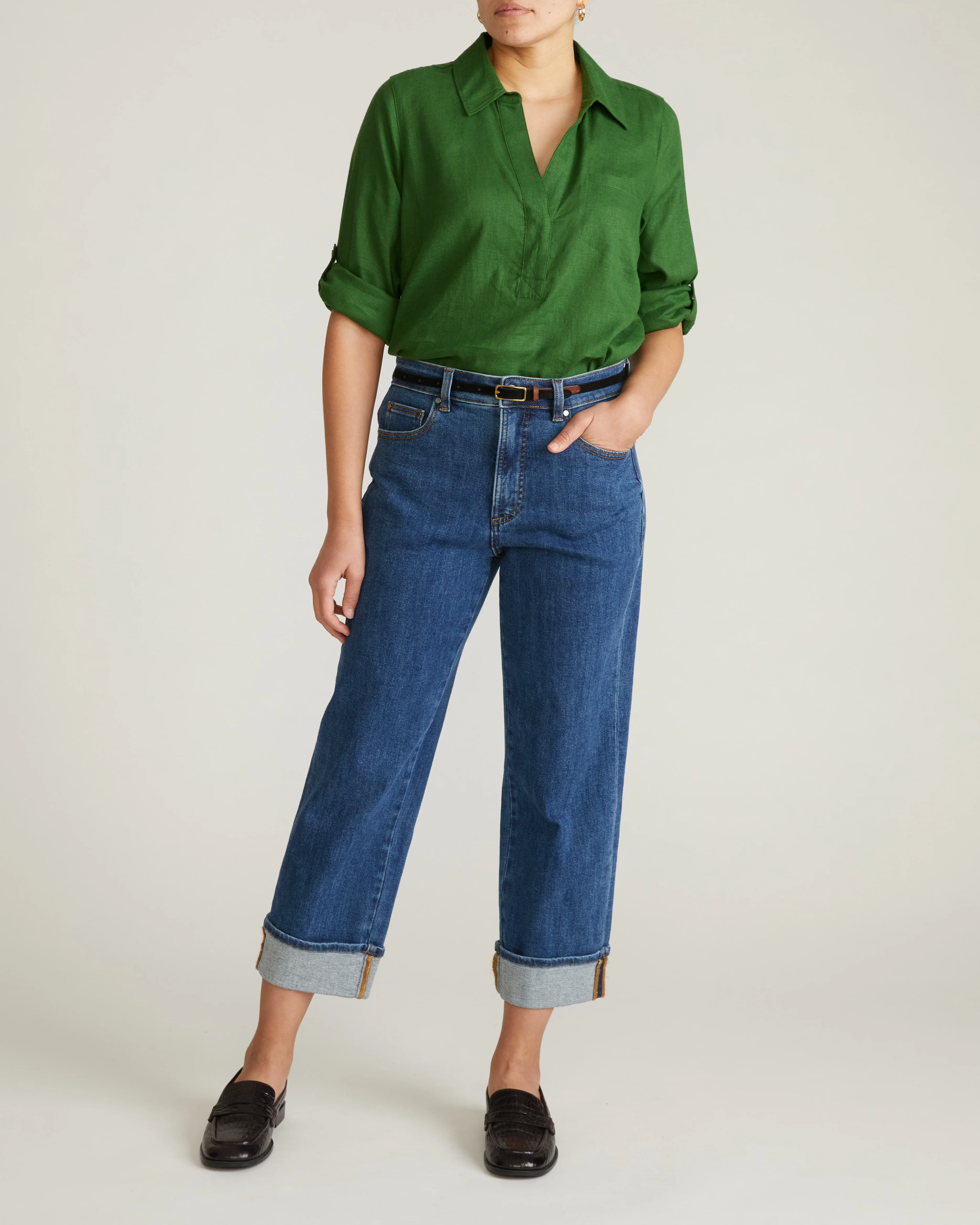 Button Back Linen Polo Shirt - Green Park - Image 2