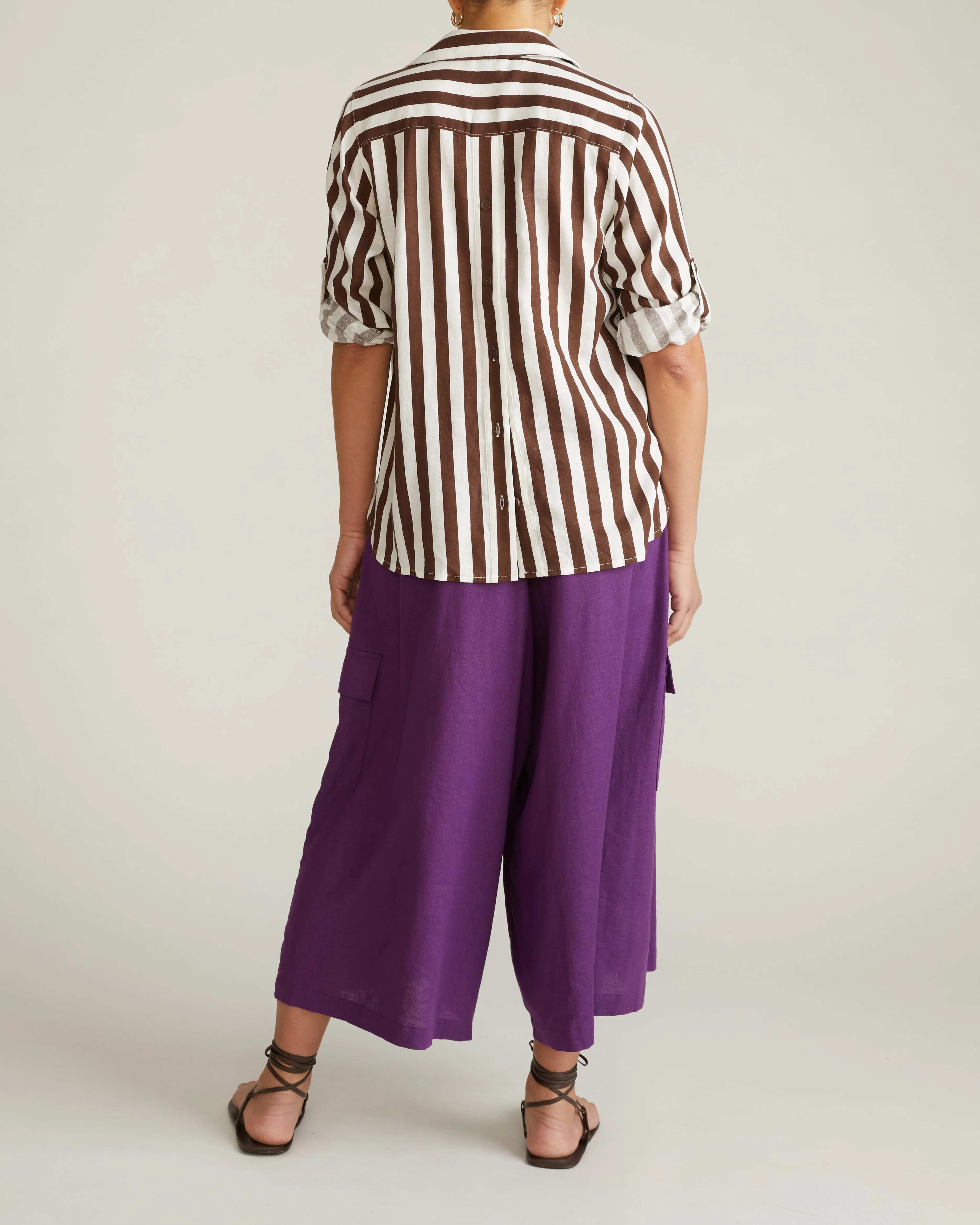 Button Back Linen Polo Shirt - Peppercorn Stripe - Image 10