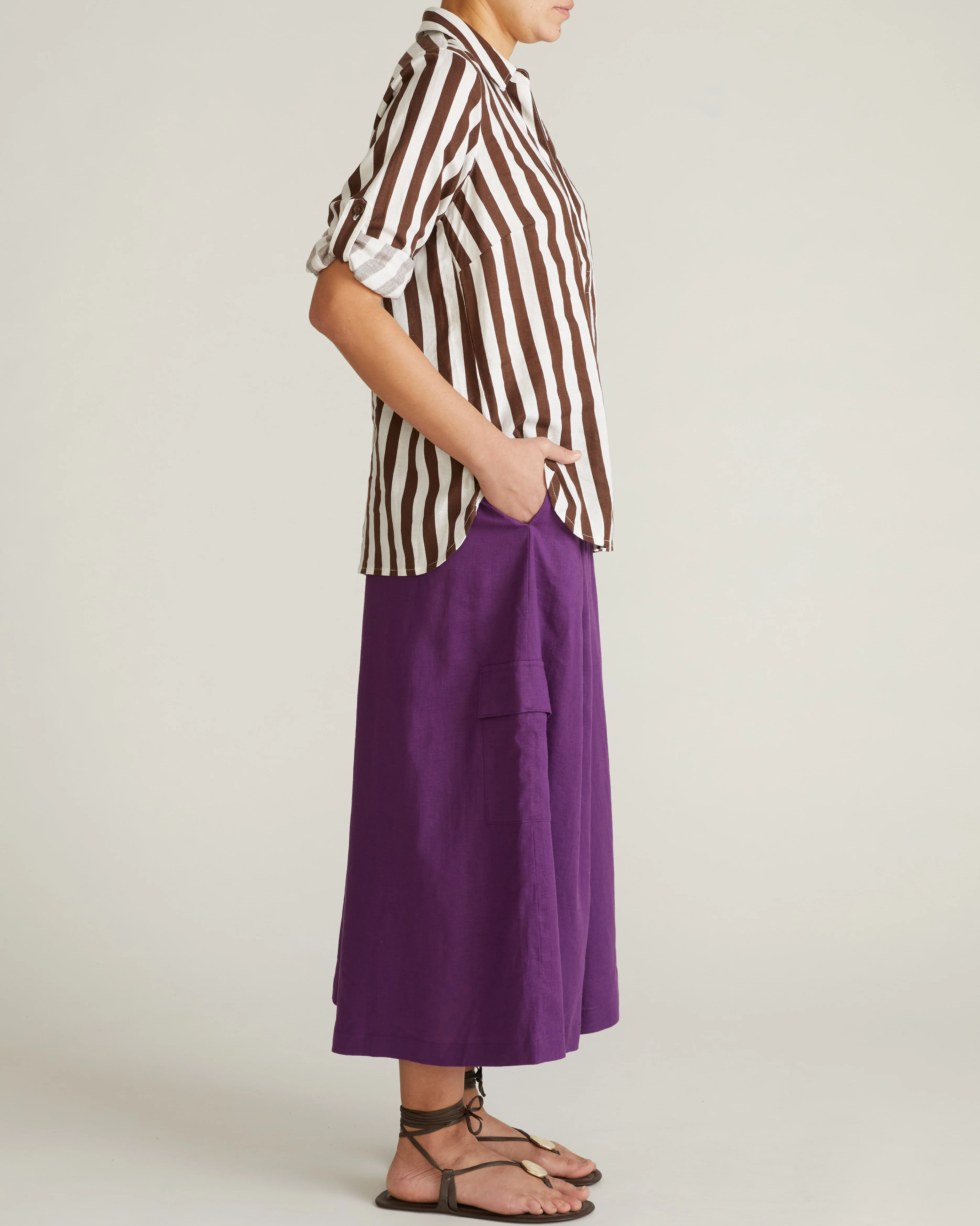 Button Back Linen Polo Shirt - Peppercorn Stripe - Image 9