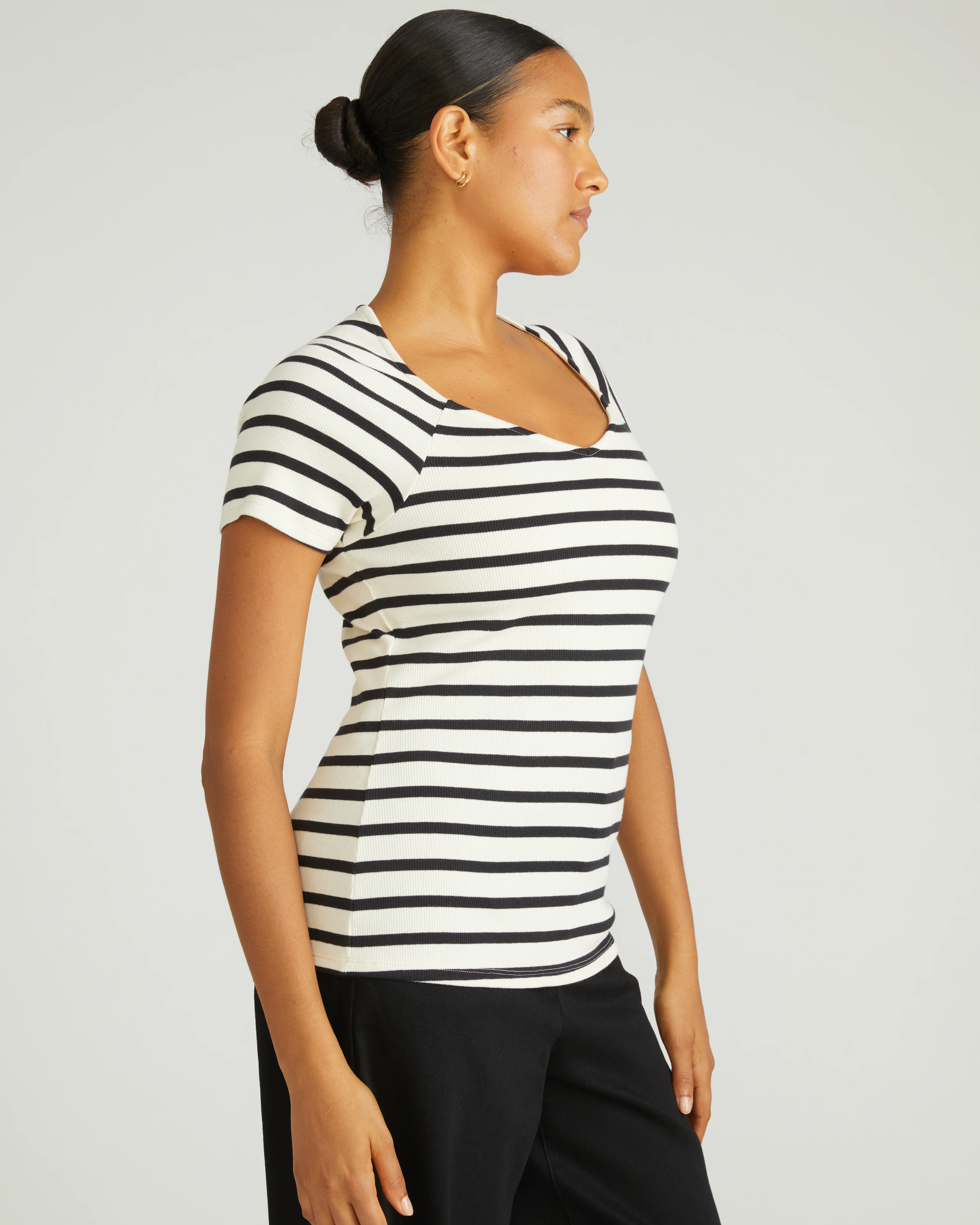 Carey Ribbed Sweetheart Tee - Ecru/Black Stripe - Image 3