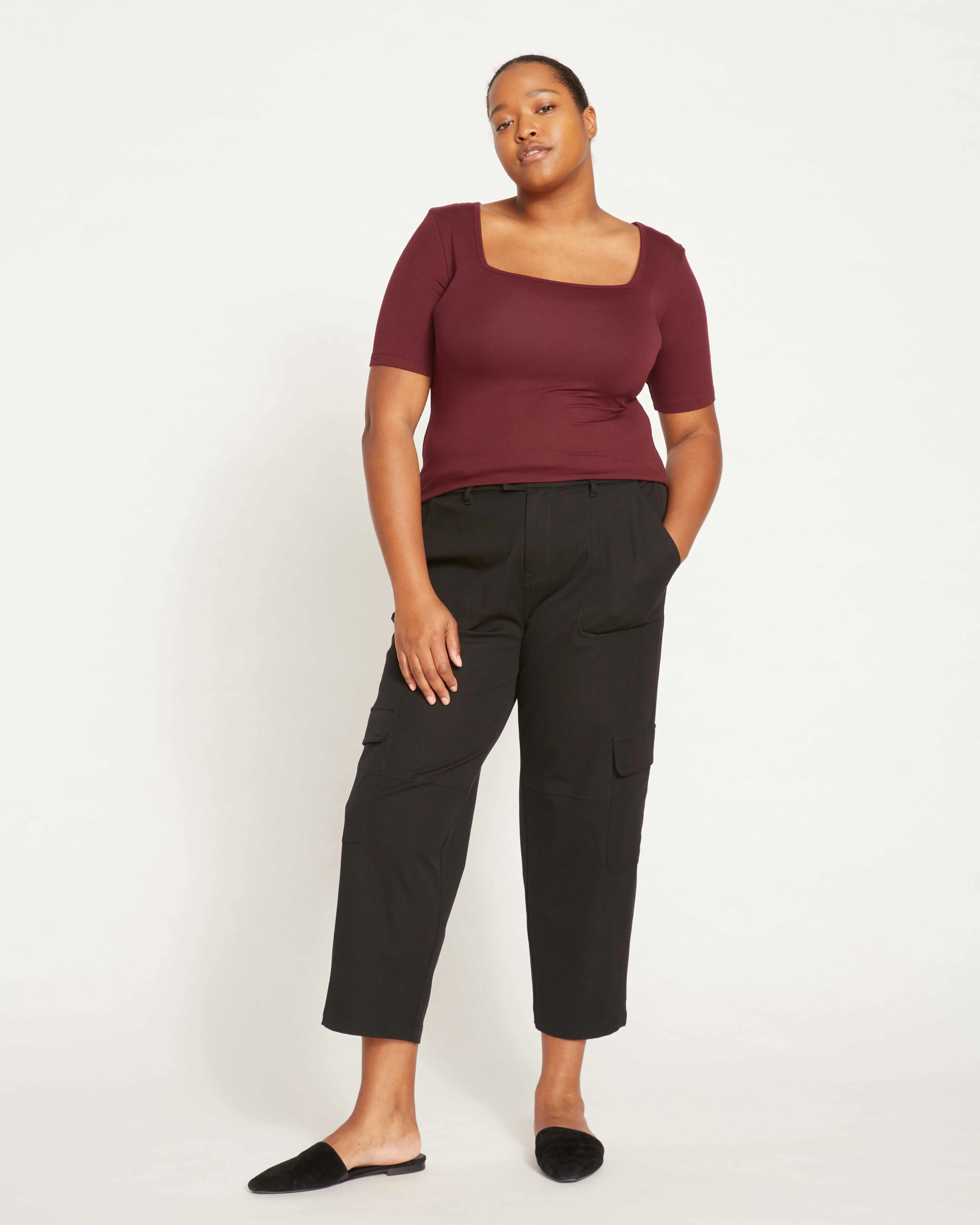 Cloud Rib Short Sleeve Square Neck Tee - Black Cherry - Image 3