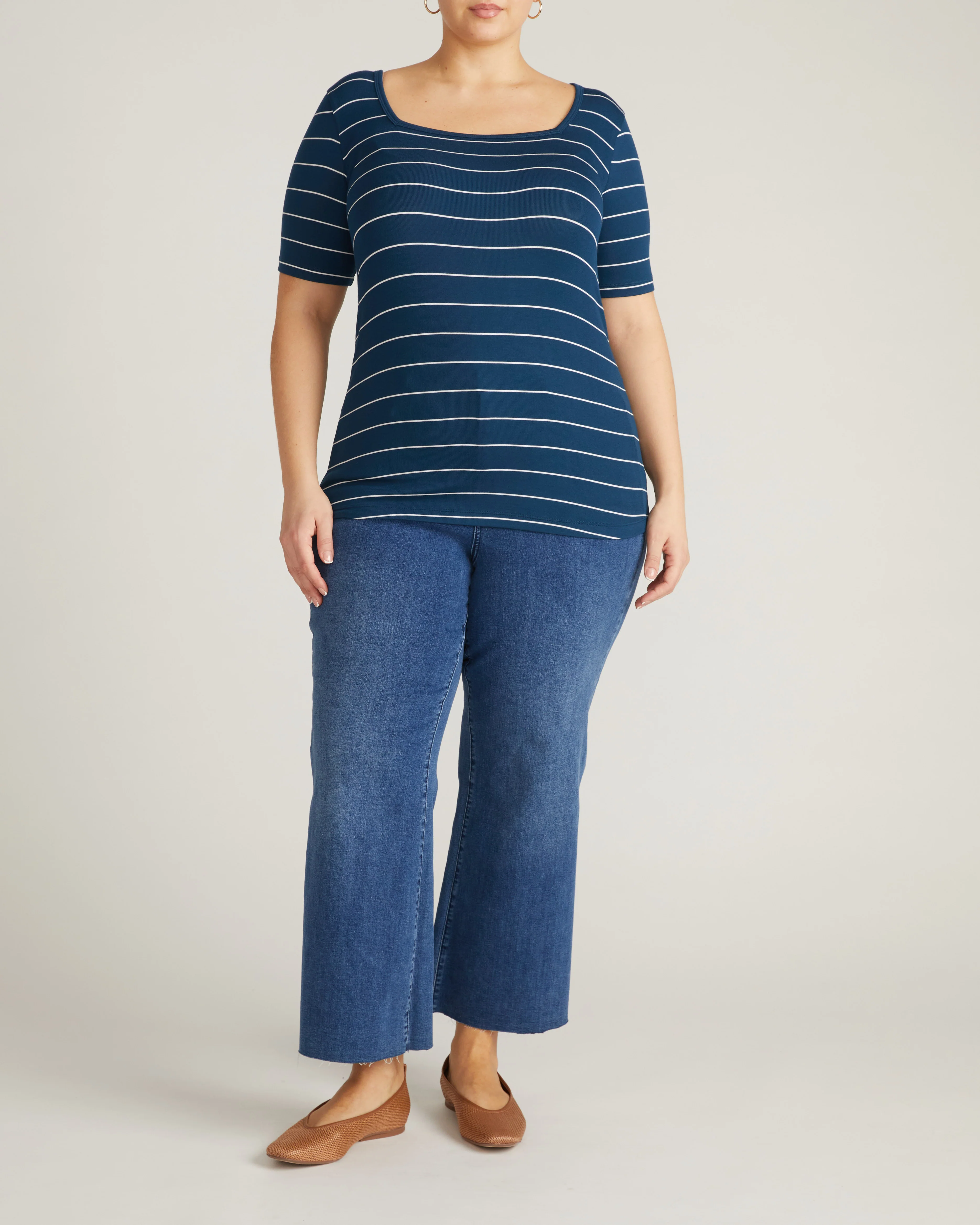 Cloud Rib Short Sleeve Square Neck Tee - Teal/White Microstripe - Image 4
