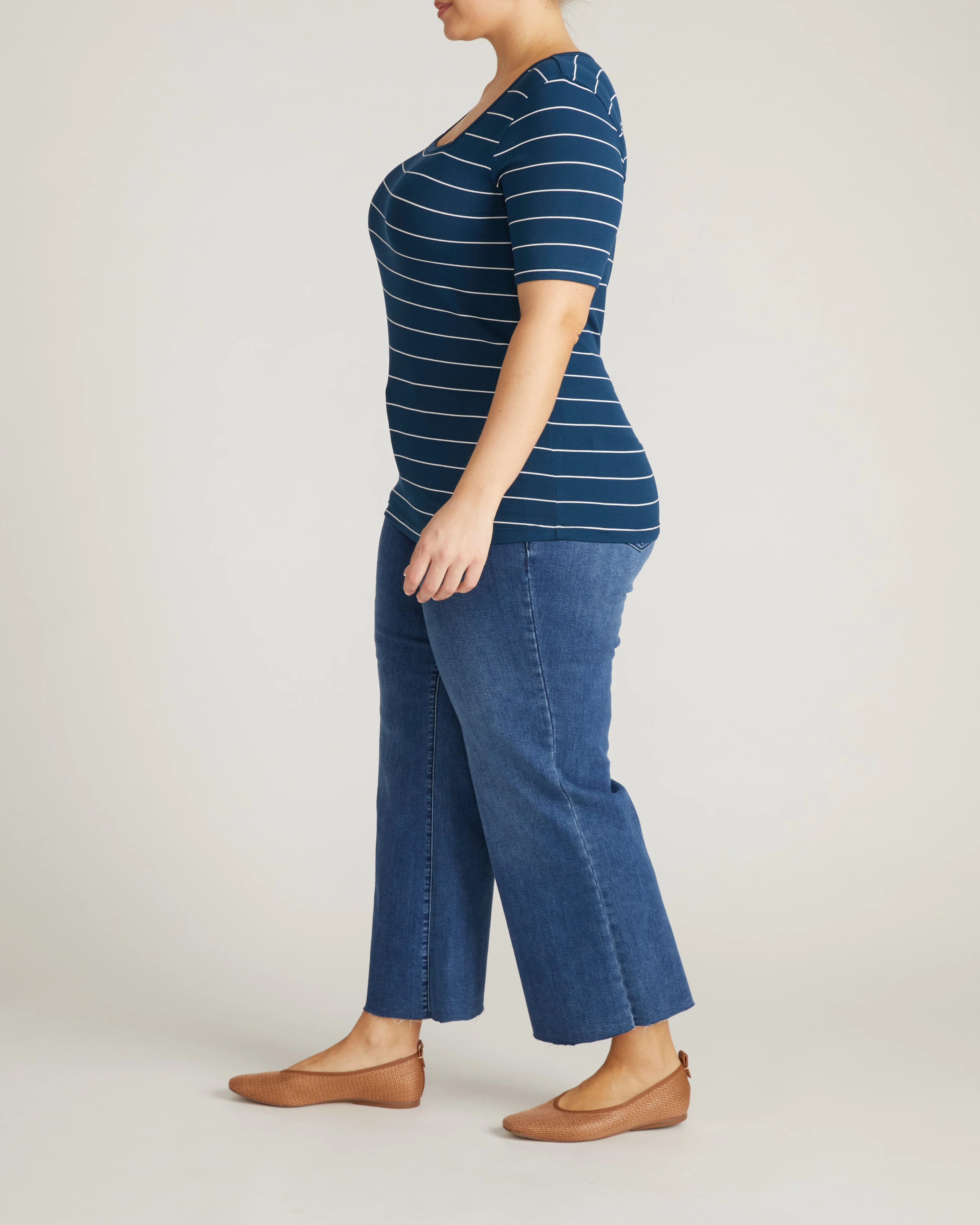 Cloud Rib Short Sleeve Square Neck Tee - Teal/White Microstripe - Image 5