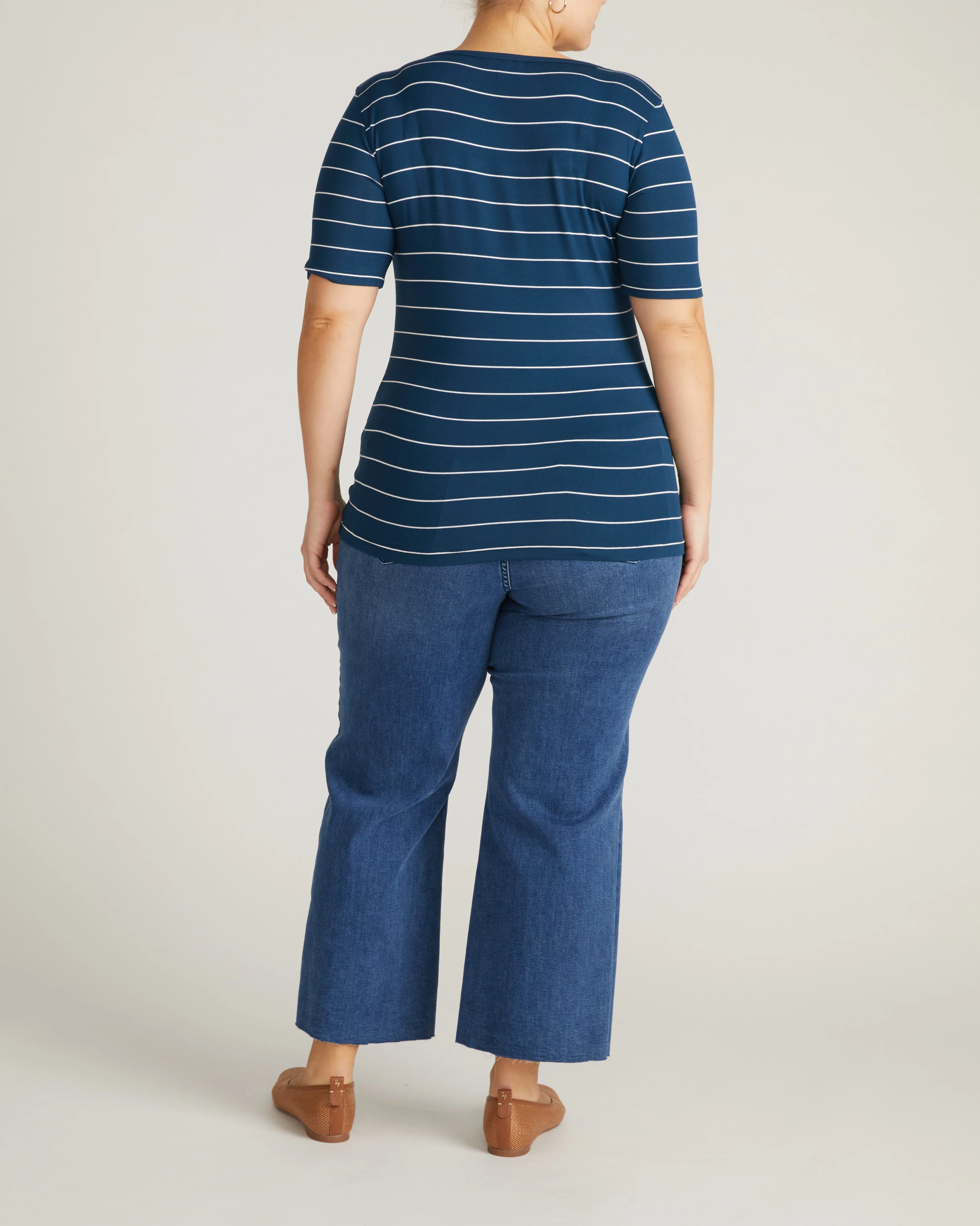 Cloud Rib Short Sleeve Square Neck Tee - Teal/White Microstripe - Image 6