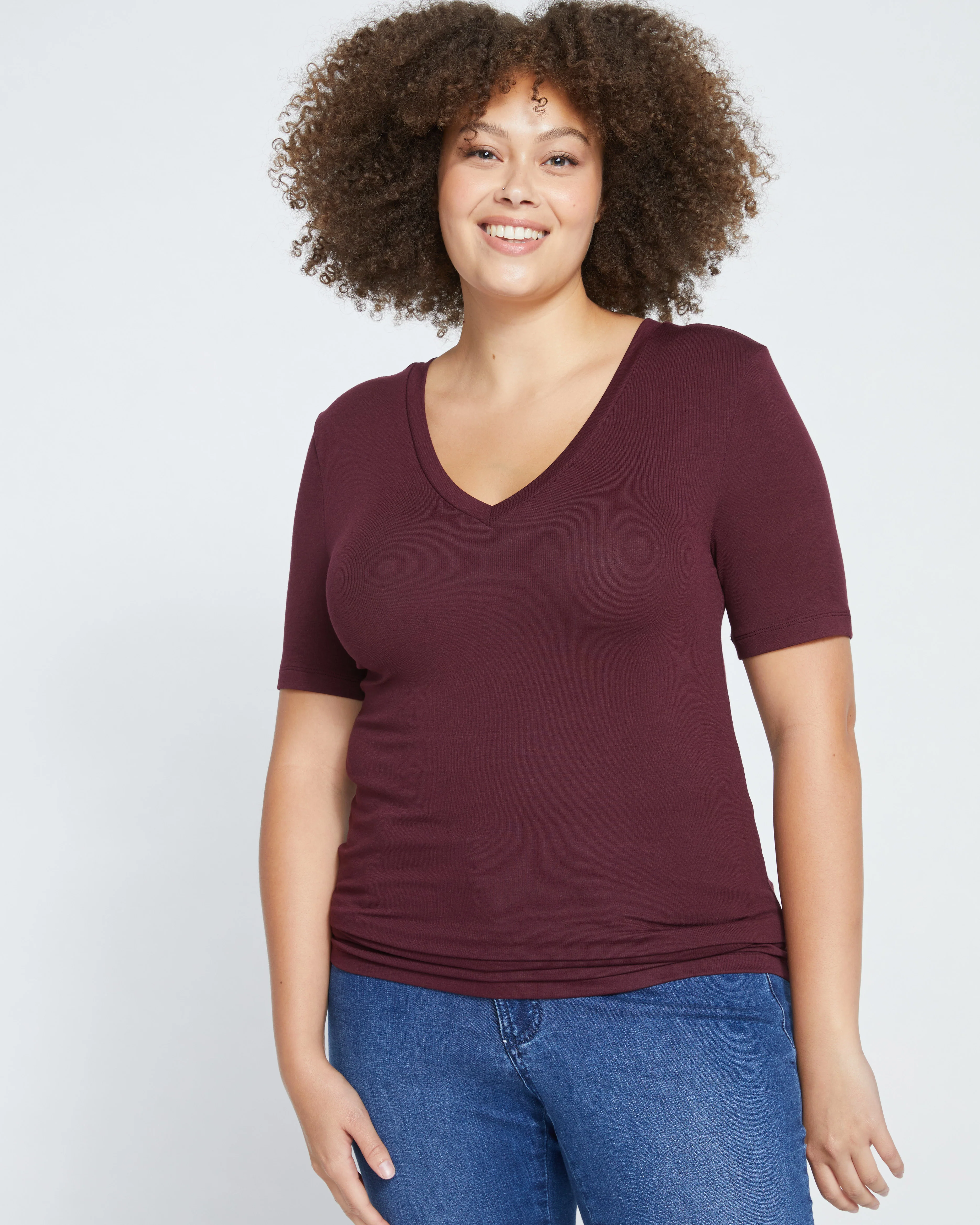 Cloud Rib Short Sleeve V-Neck Tee - Black Cherry - Image 4