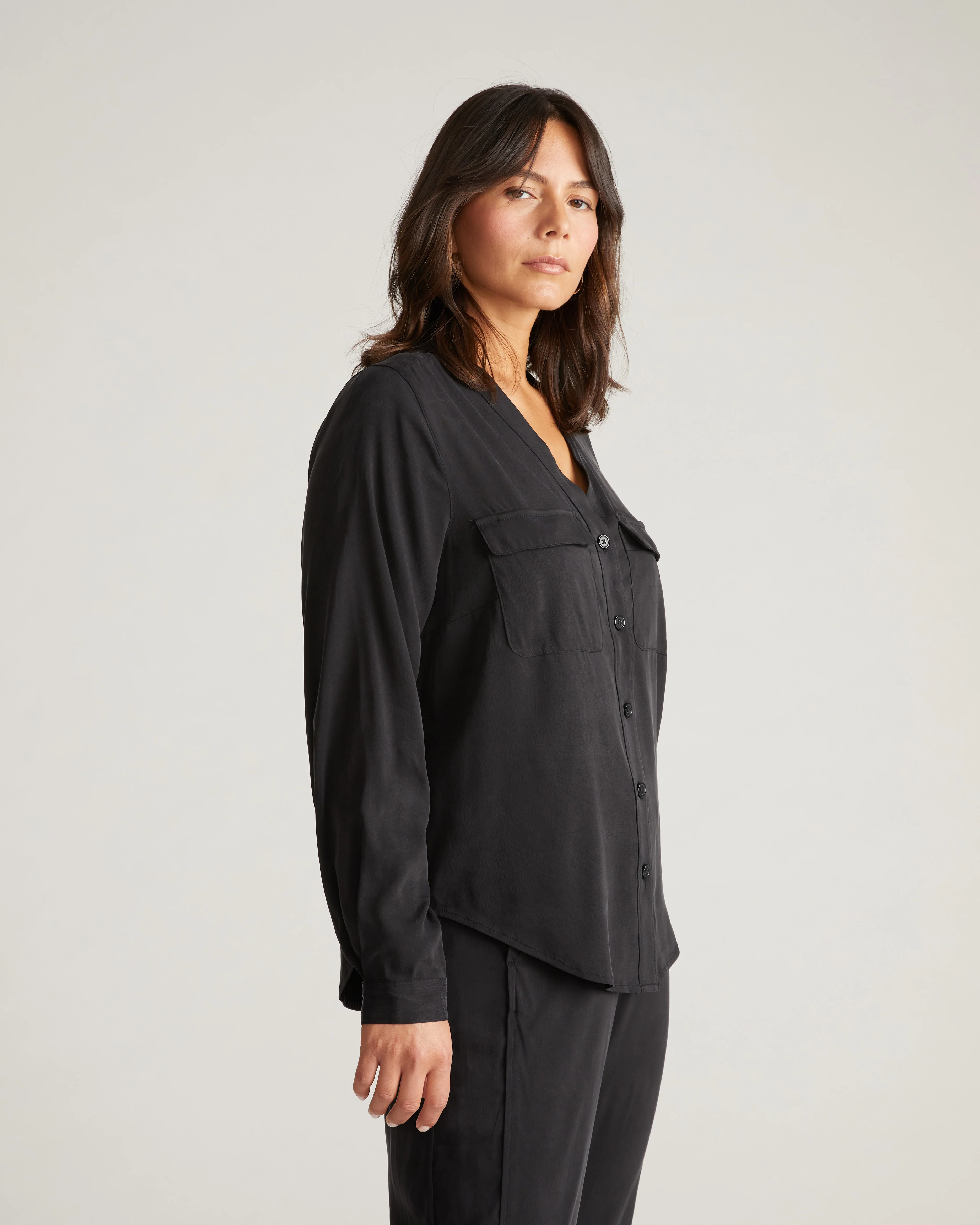 Cooling Stretch Cupro Button-Down Blouse - Black - Image 2