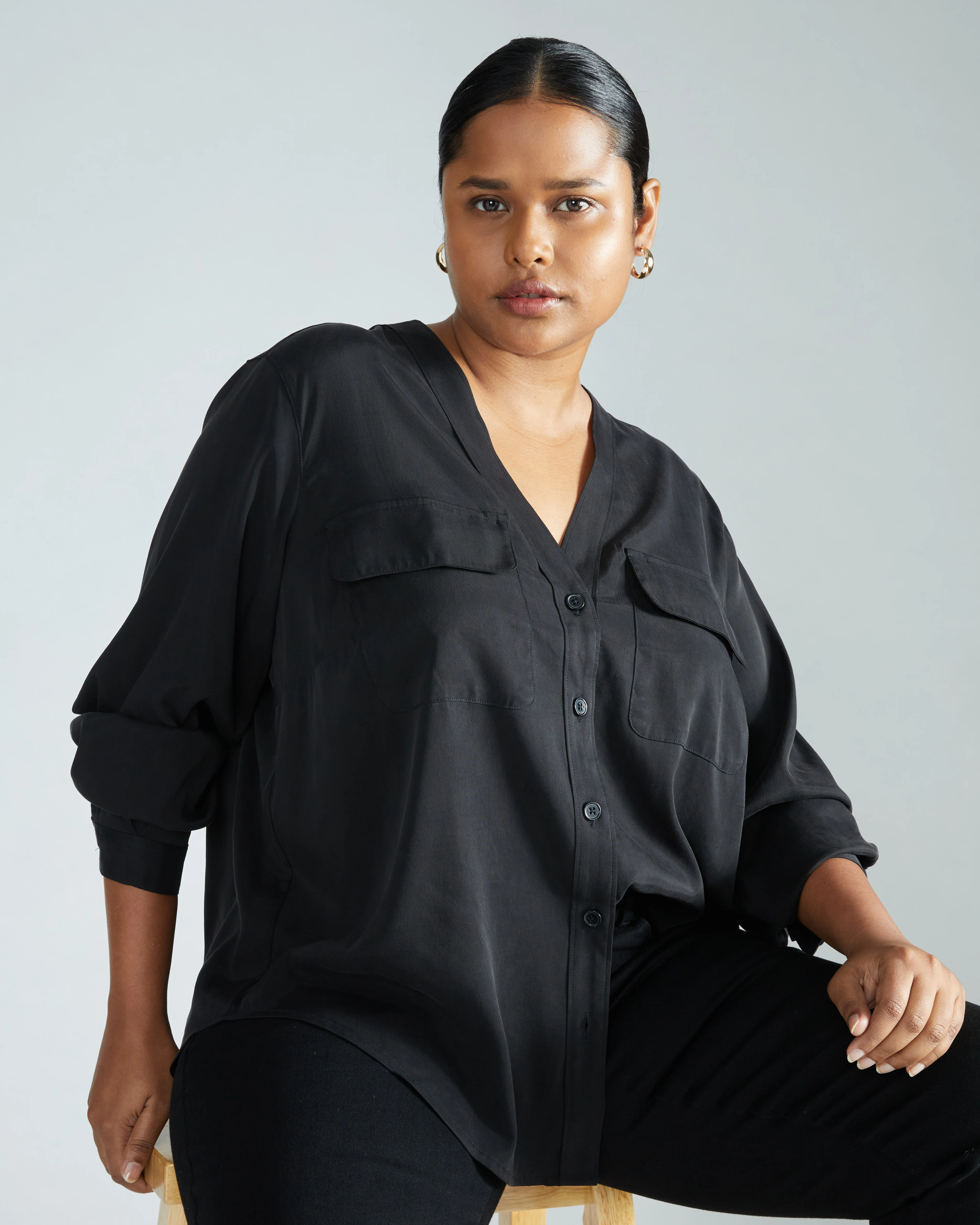 Cooling Stretch Cupro Button-Down Blouse - Black - Image 4