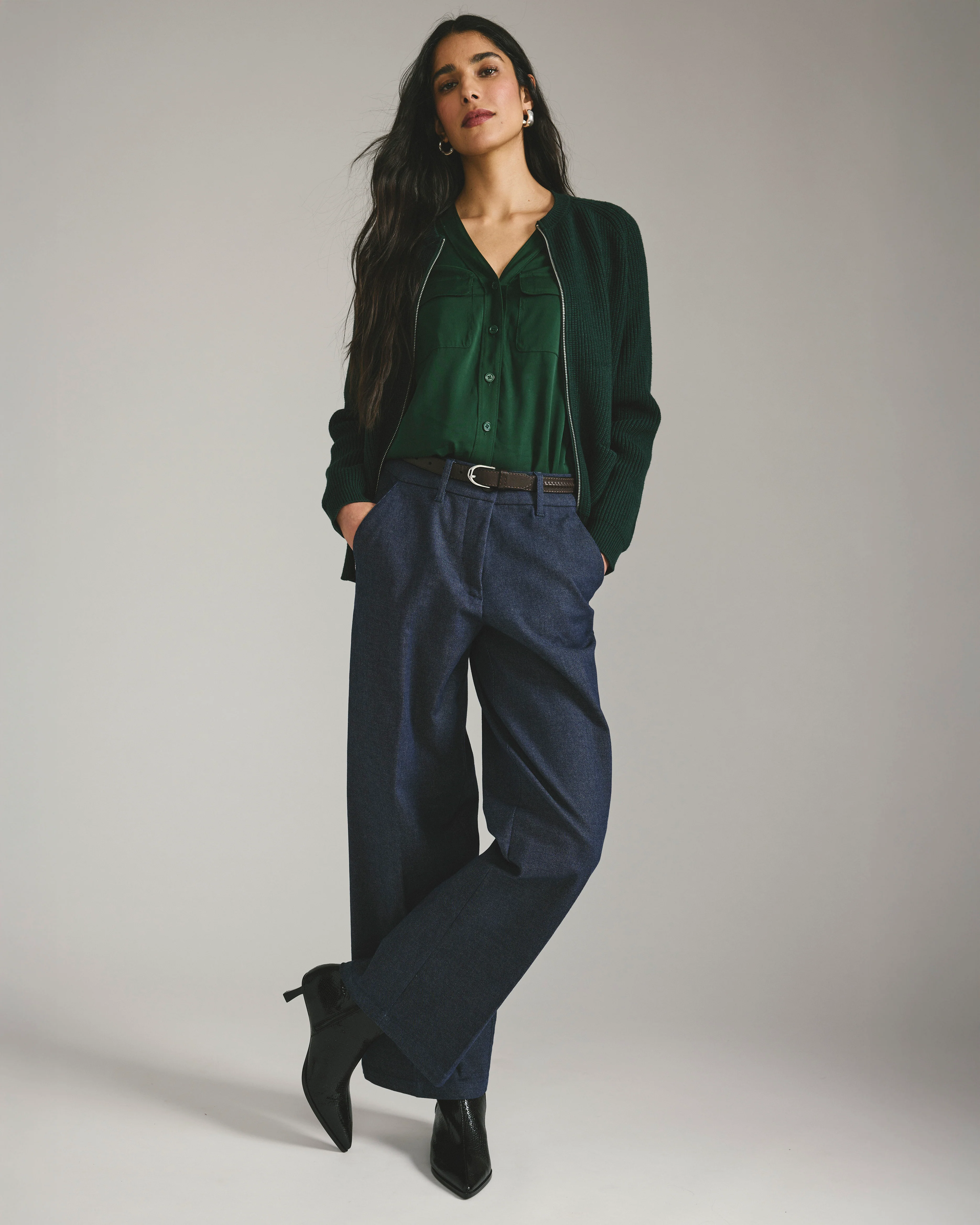 Cooling Stretch Cupro Button-Down Blouse - Forest Green - Image 2