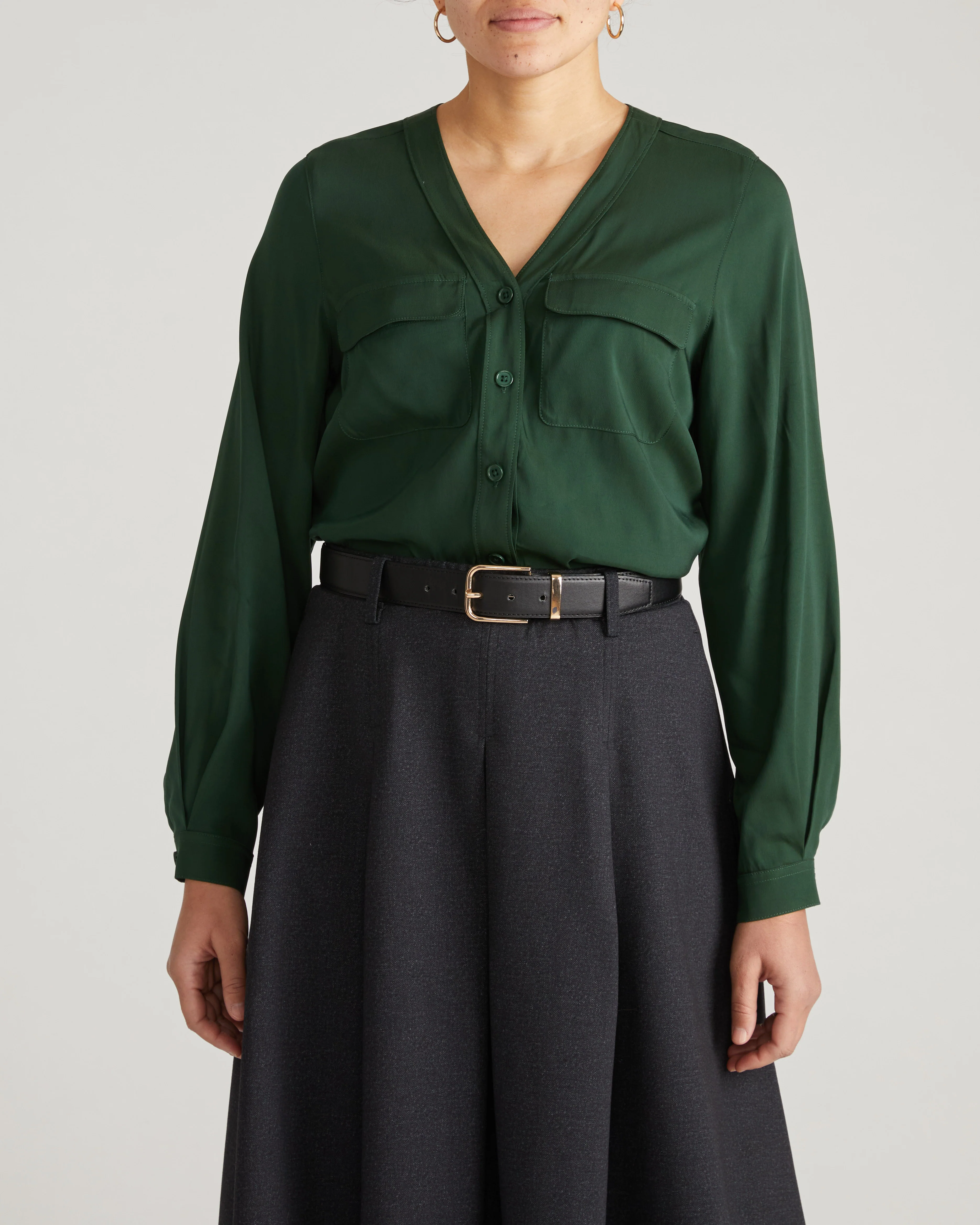 Cooling Stretch Cupro Button-Down Blouse - Forest Green - Image 3
