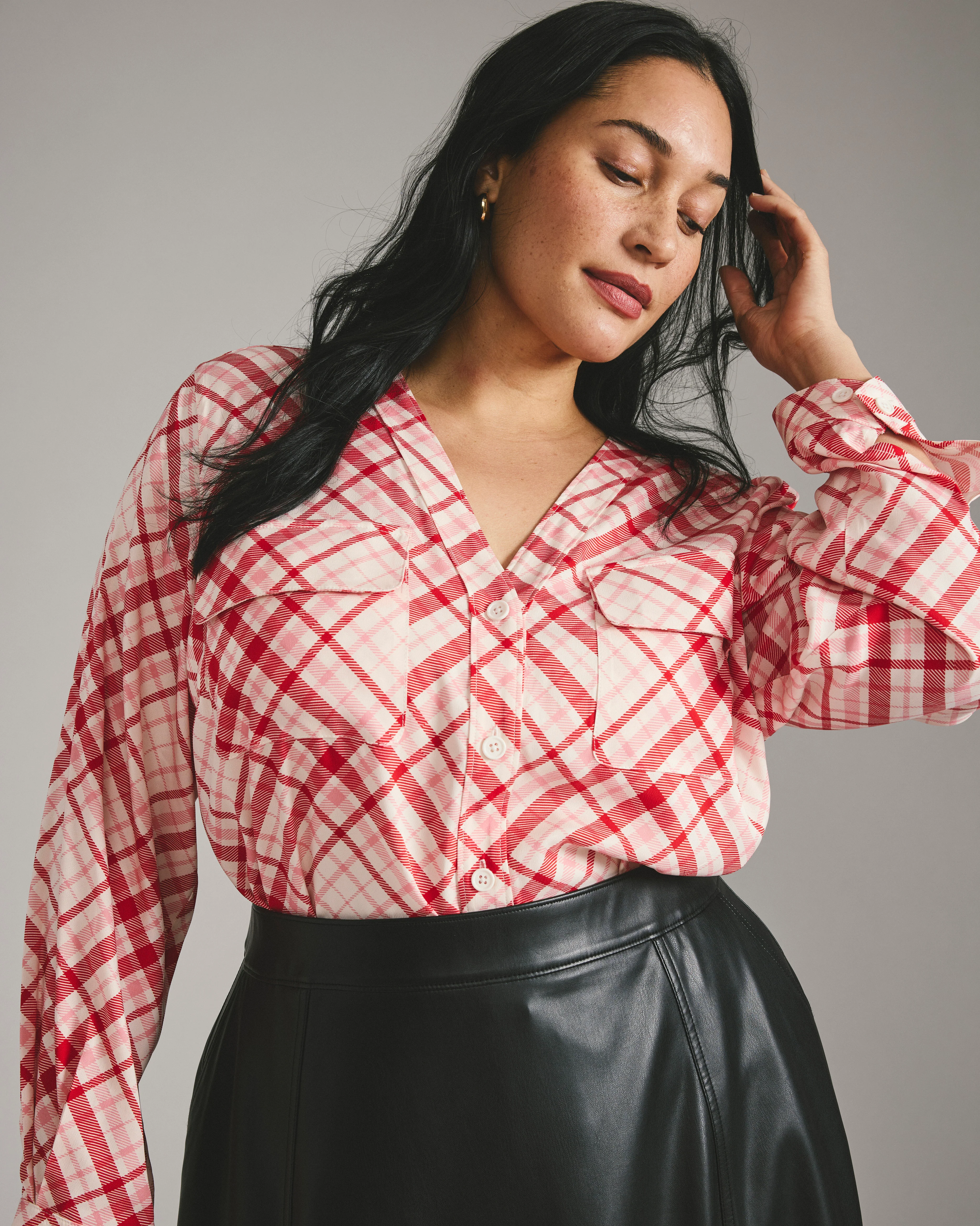 Cooling Stretch Cupro Button-Down Blouse - Red Plaid Print - Image 4