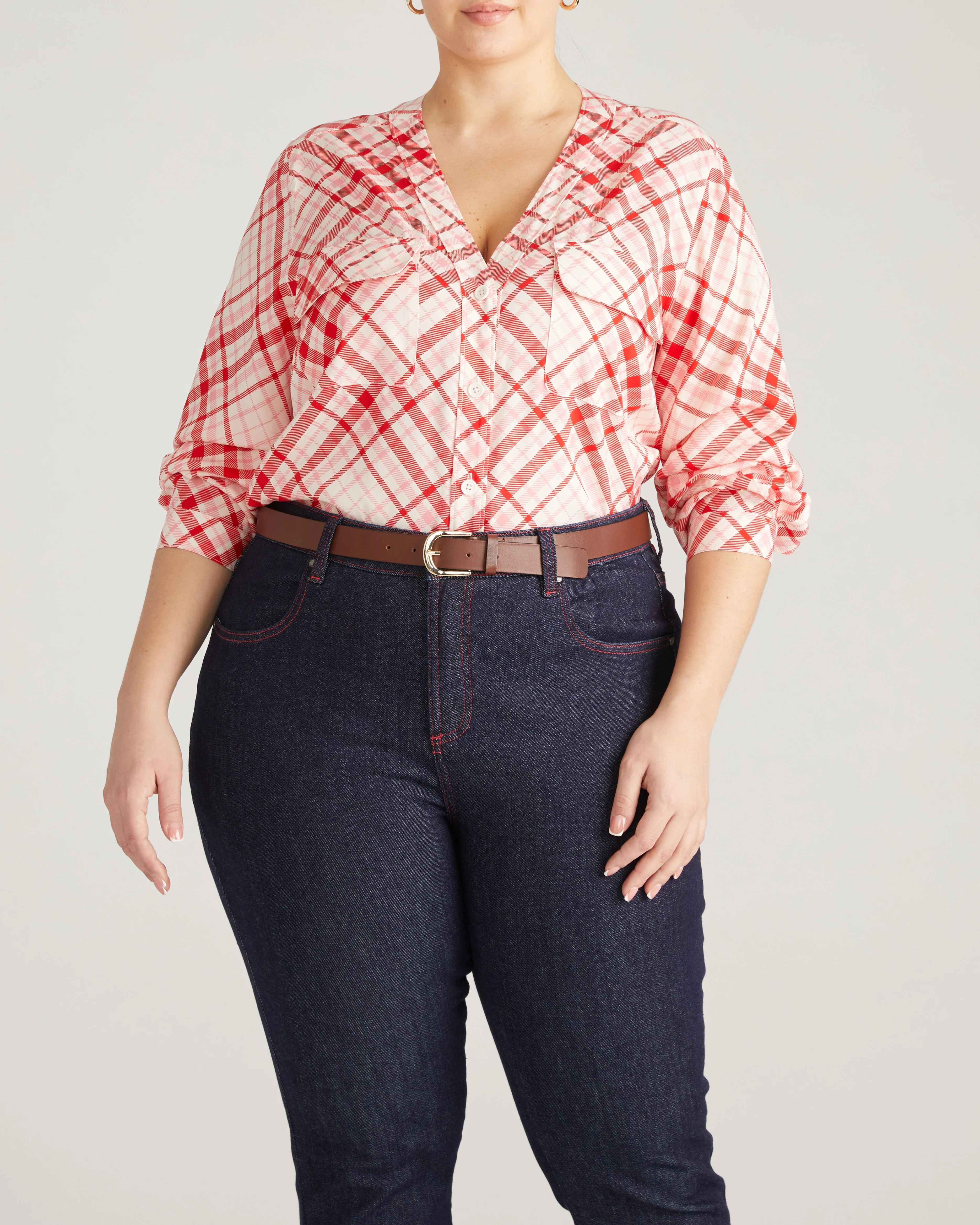 Cooling Stretch Cupro Button-Down Blouse - Red Plaid Print - Image 5