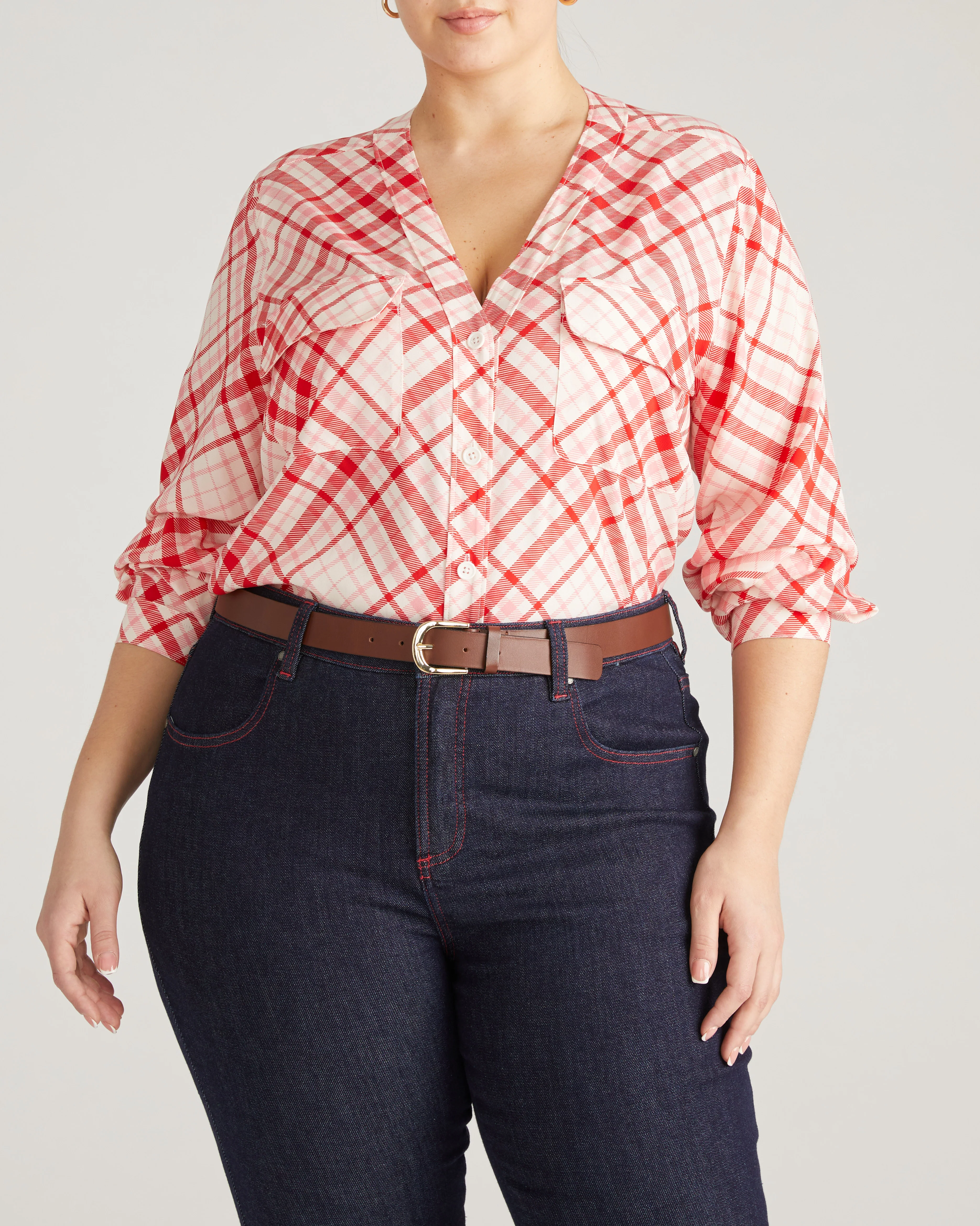 Cooling Stretch Cupro Button-Down Blouse - Red Plaid Print - Image 6