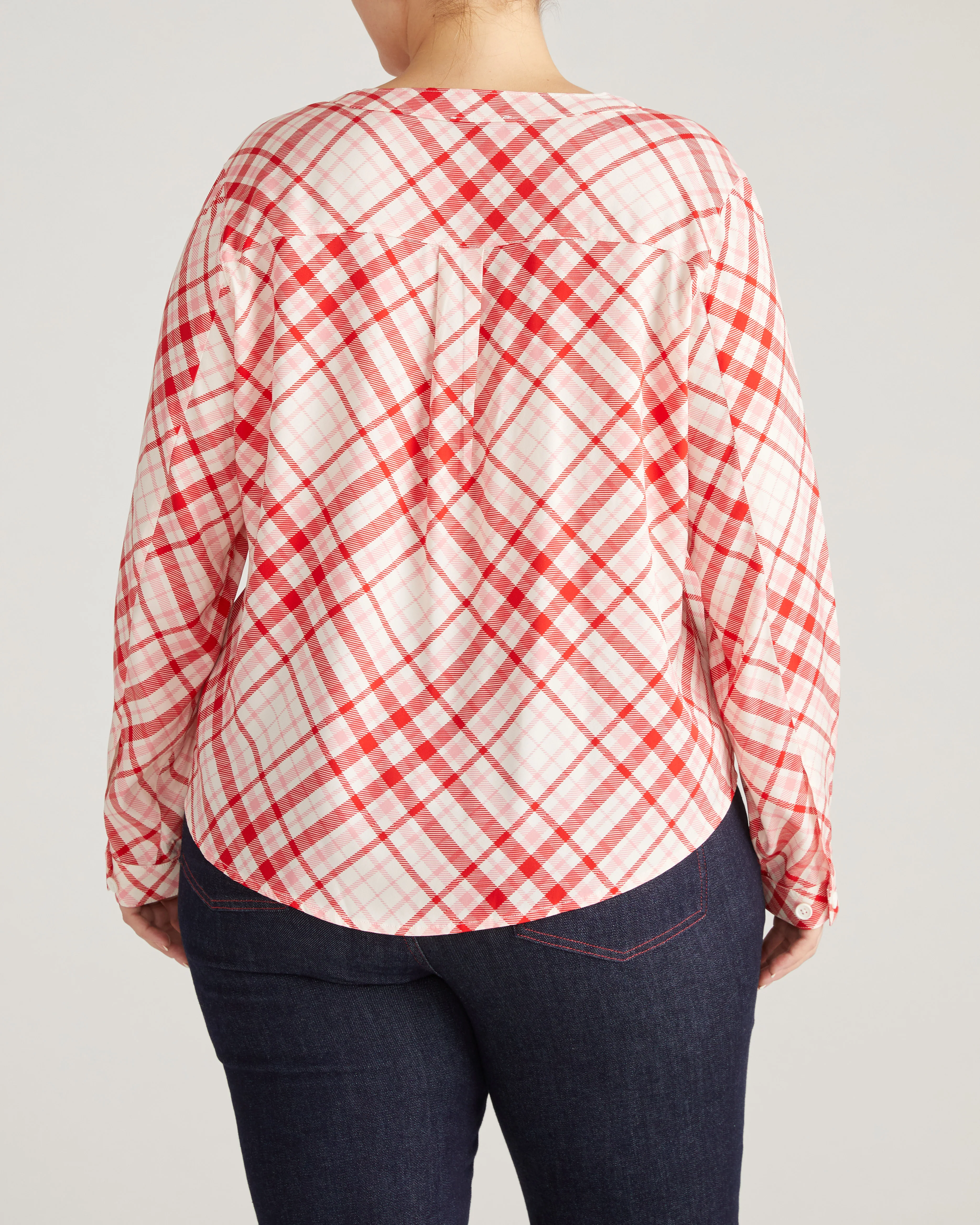 Cooling Stretch Cupro Button-Down Blouse - Red Plaid Print - Image 8