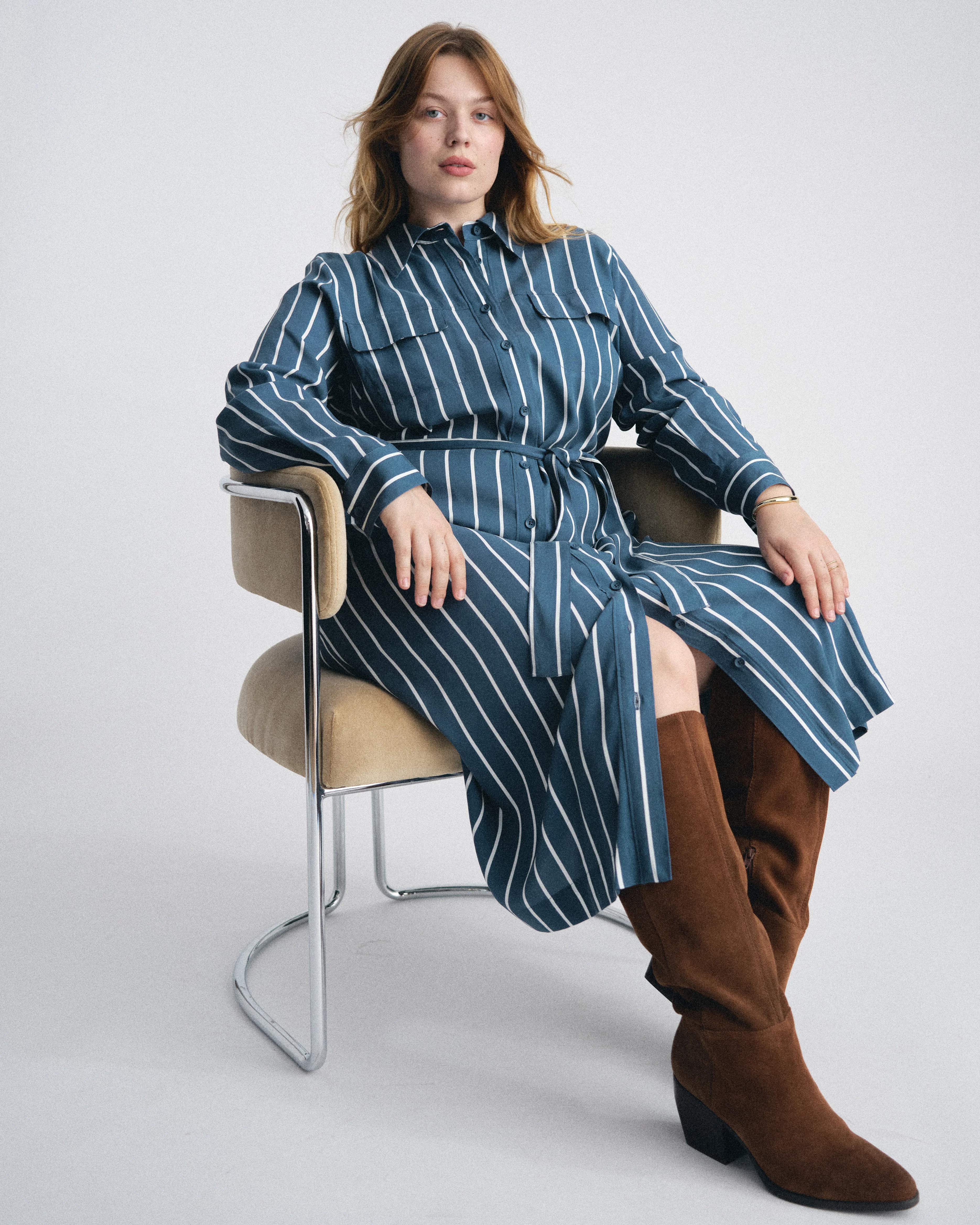 Cooling Stretch Cupro Savannah Dress - Ensign Blue/White Stripe - Image 4