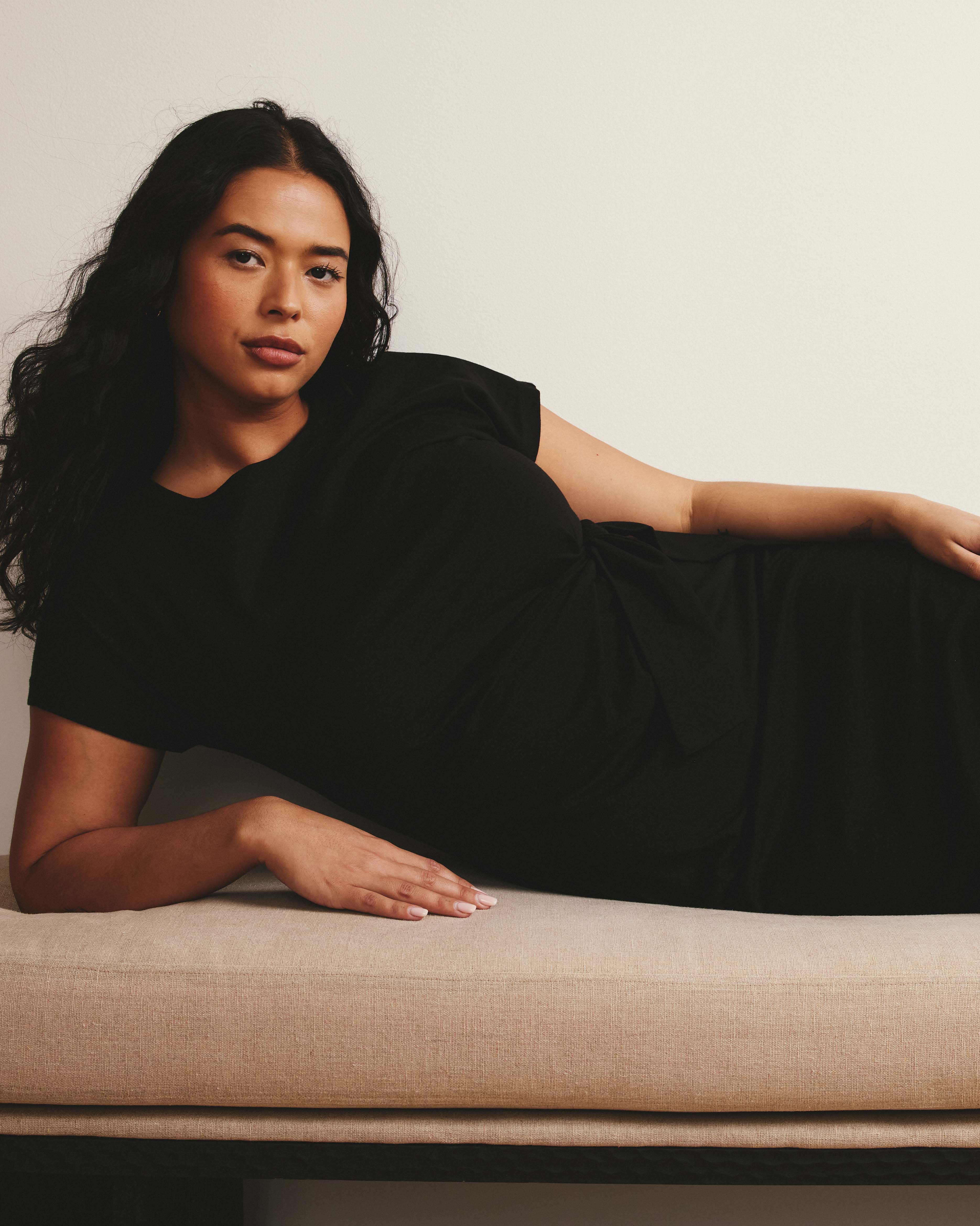 Crescent Breton Stripe Knot Dress - Solid Black - Image 3