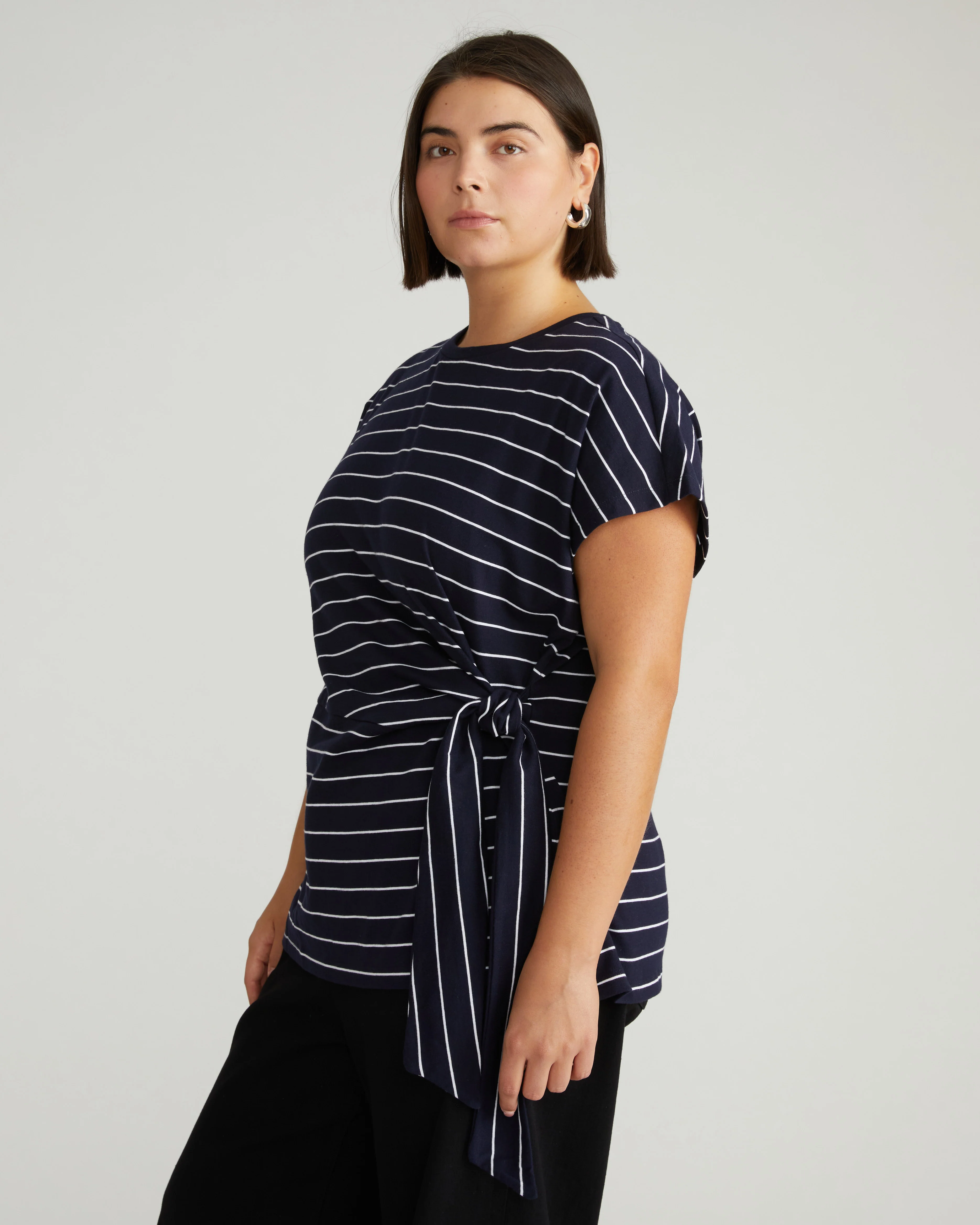 Crescent Breton Stripe Knot Tee - Navy Pinstripe - Image 3