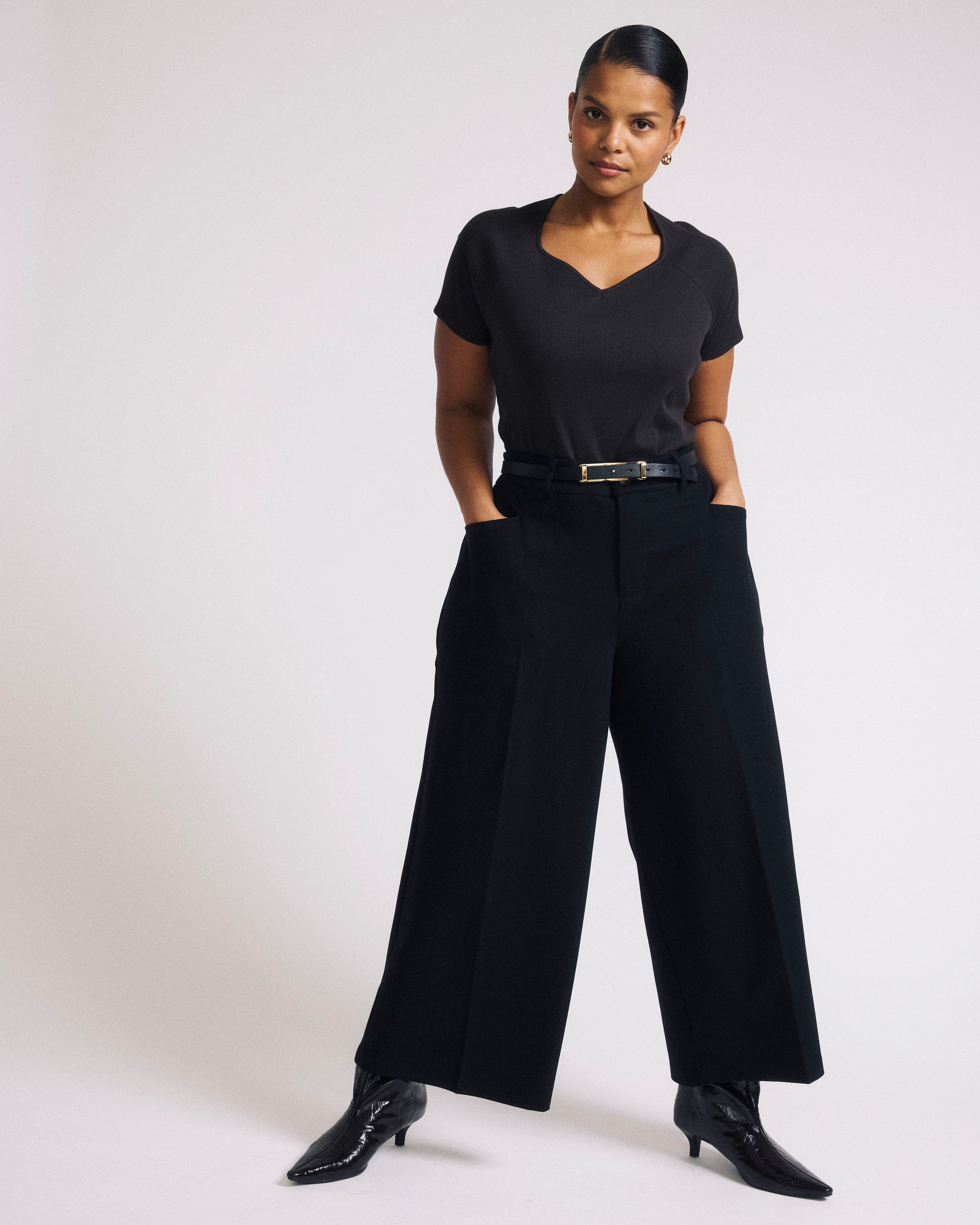 Cropped Wide Leg Ponte Pants - Black - Image 2