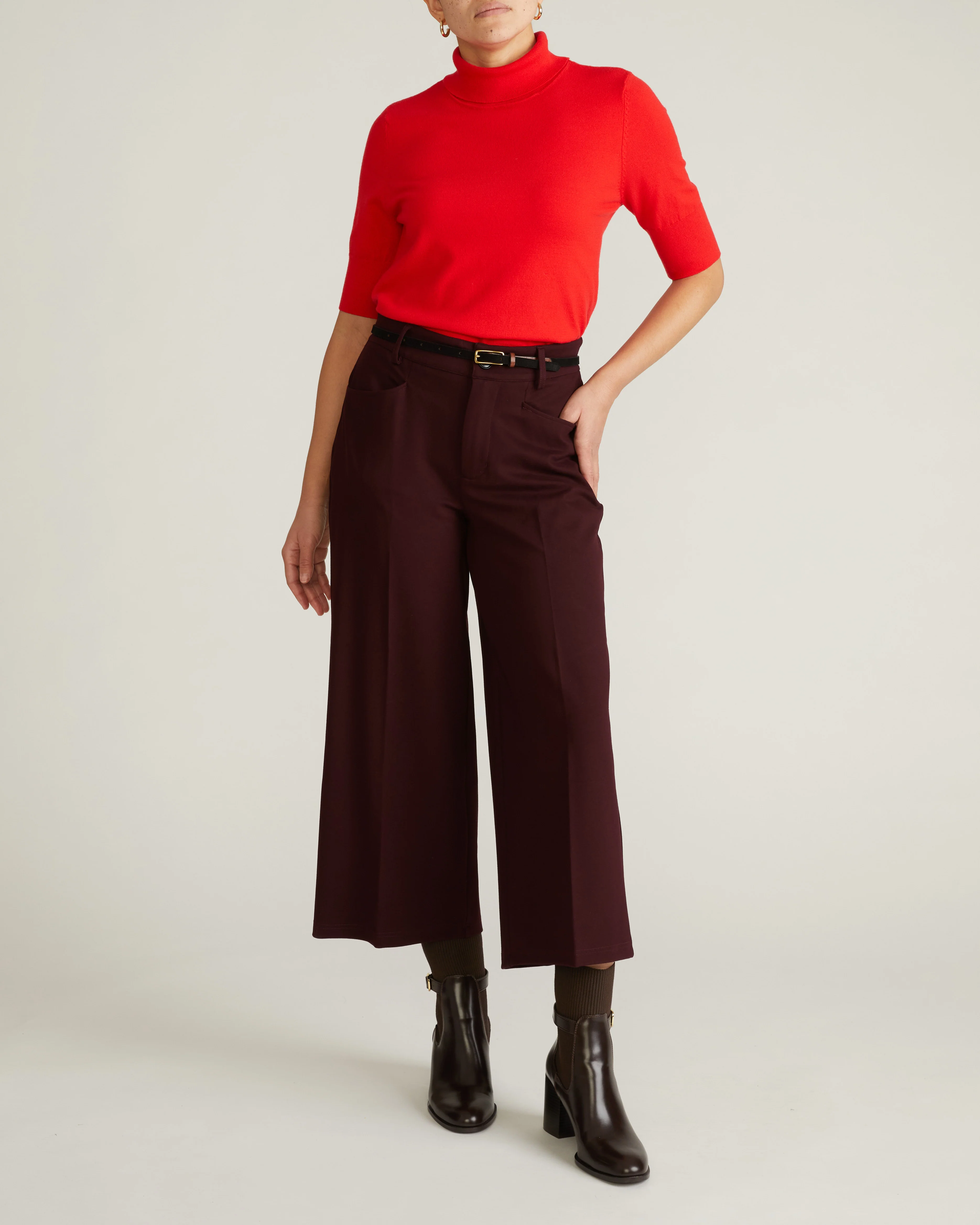 Cropped Wide Leg Ponte Pants - Black Cherry - Image 2