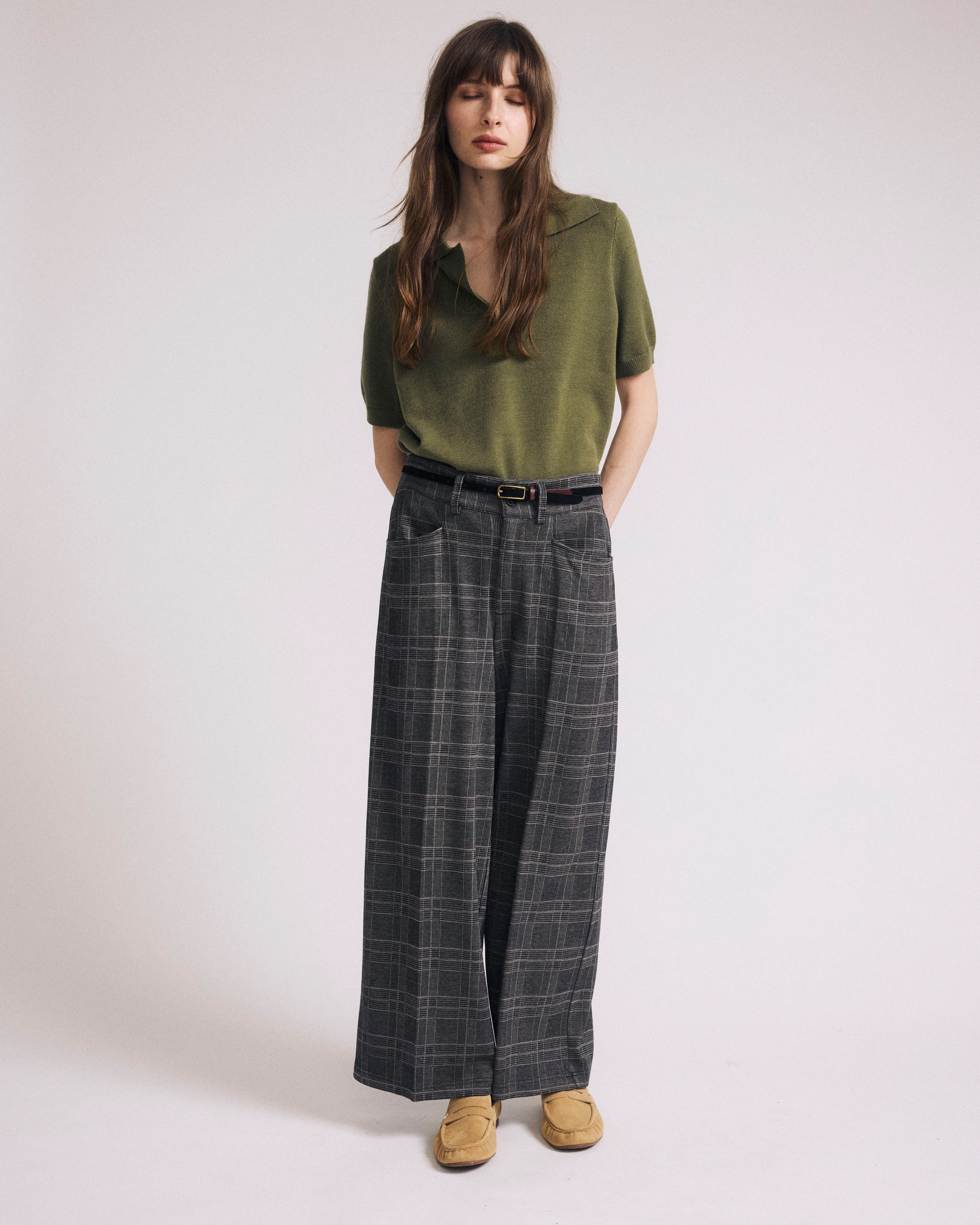 Cropped Wide Leg Ponte Pants - British Plaid - Image 3