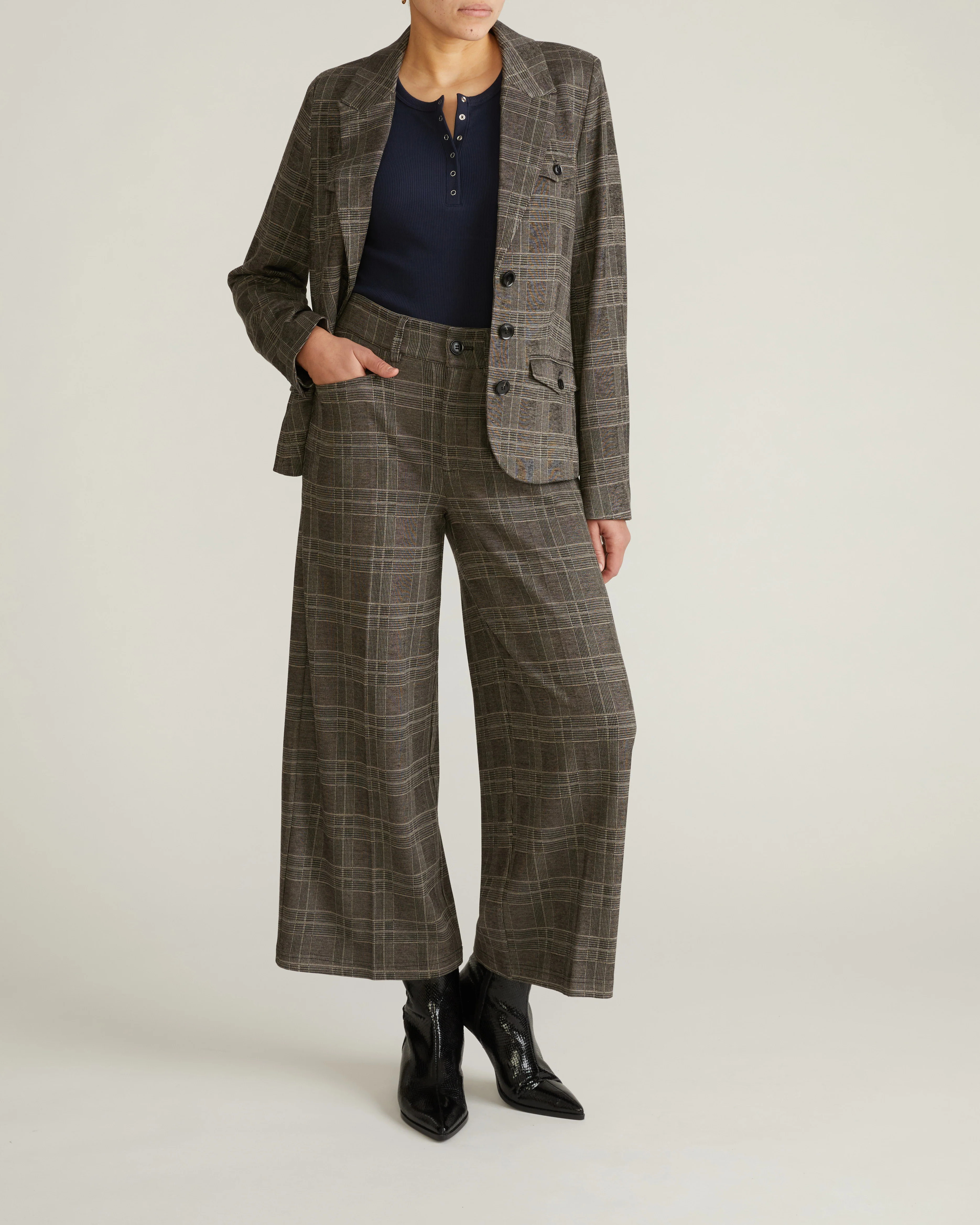 Cropped Wide Leg Ponte Pants - British Plaid - Image 4