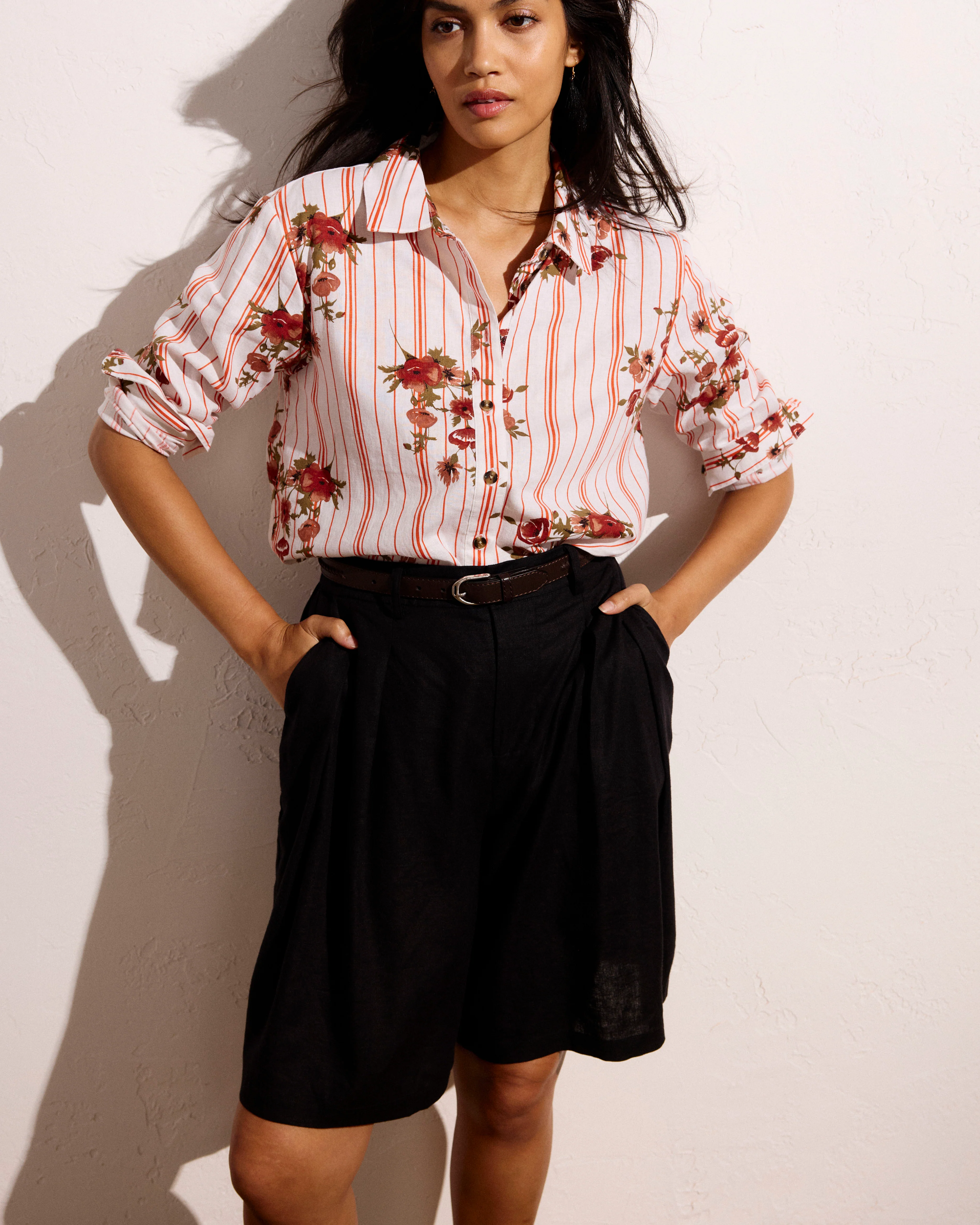 Dawn Linen Hi Low Tunic - Wild Flower Bouquet Print on Stripes - Image 2