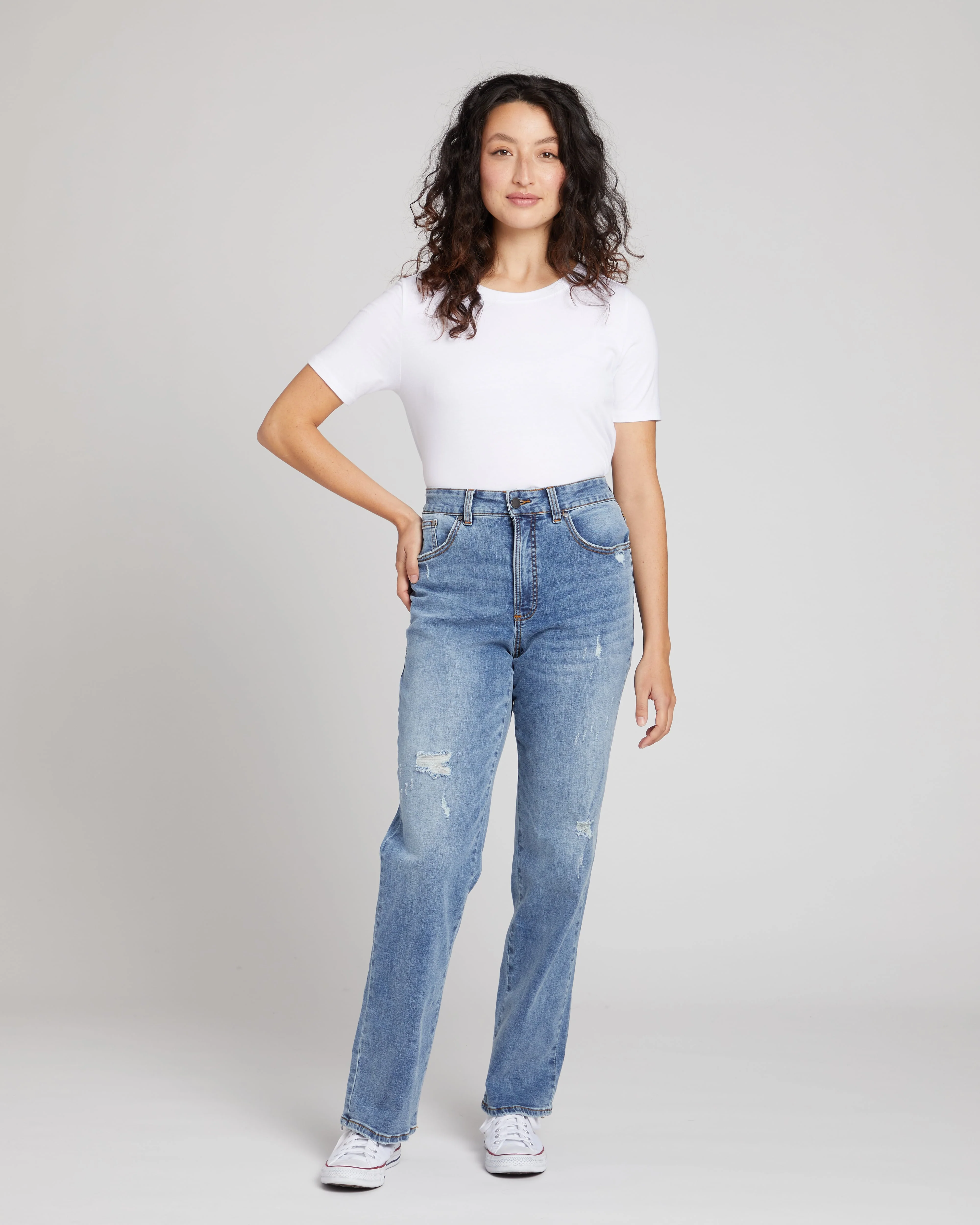 Donna High Rise Curve Straight Leg Jeans 32 Inch - Distressed Indigo - Image 2