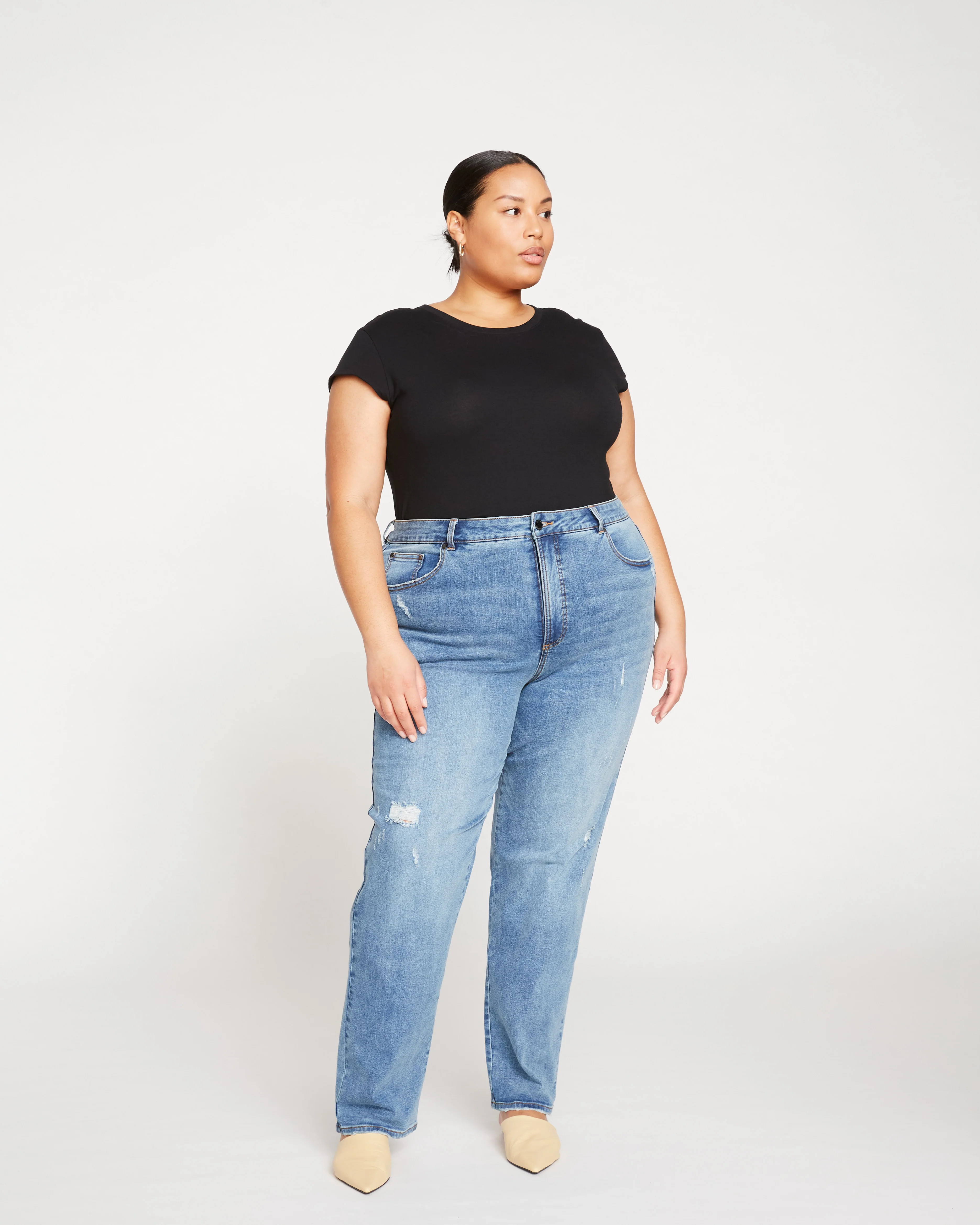 Donna High Rise Curve Straight Leg Jeans 32 Inch - Distressed Indigo - Image 3