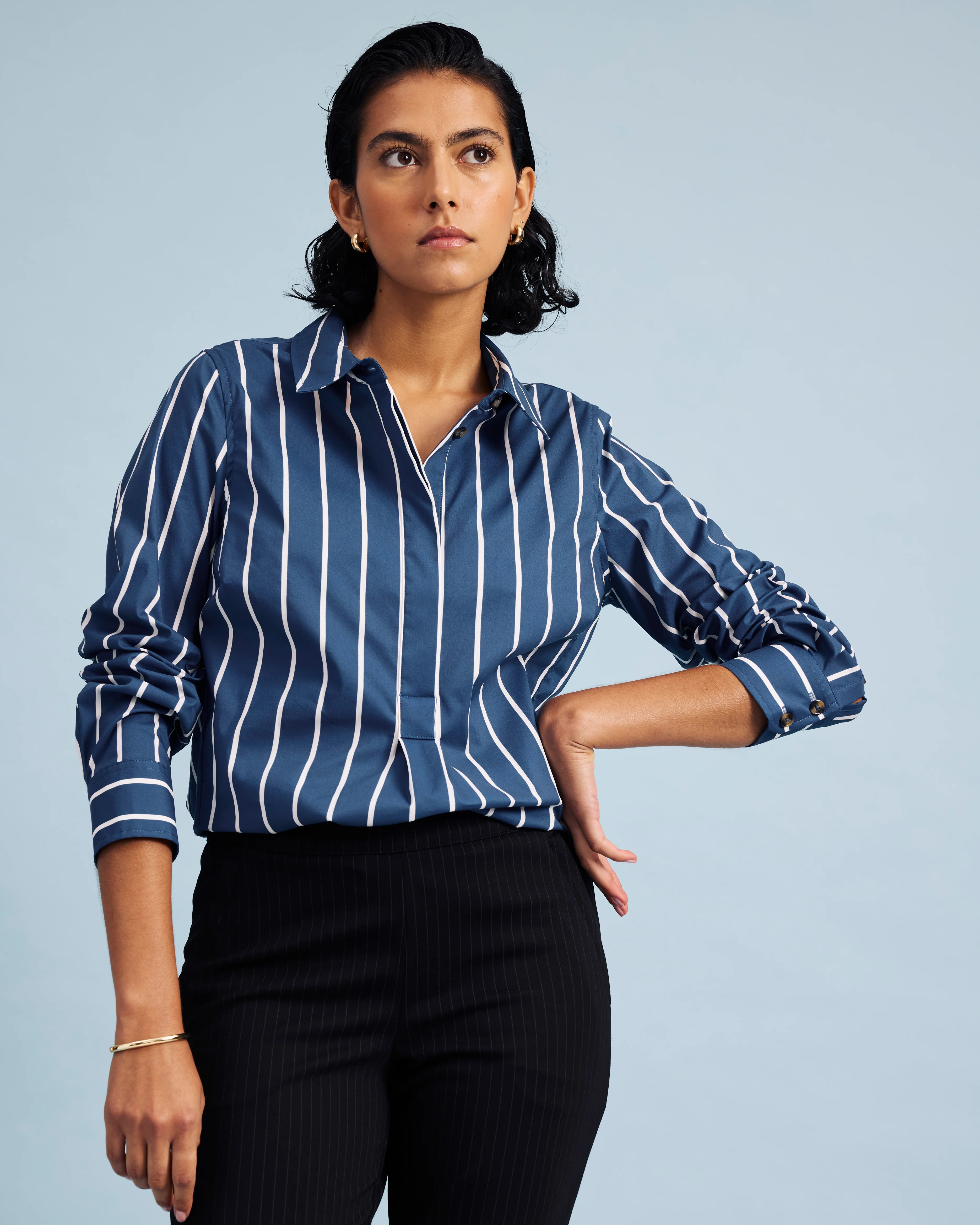 Elbe Popover Stretch Poplin Shirt Classic Fit - Ensign Blue/White Stripe - Image 3