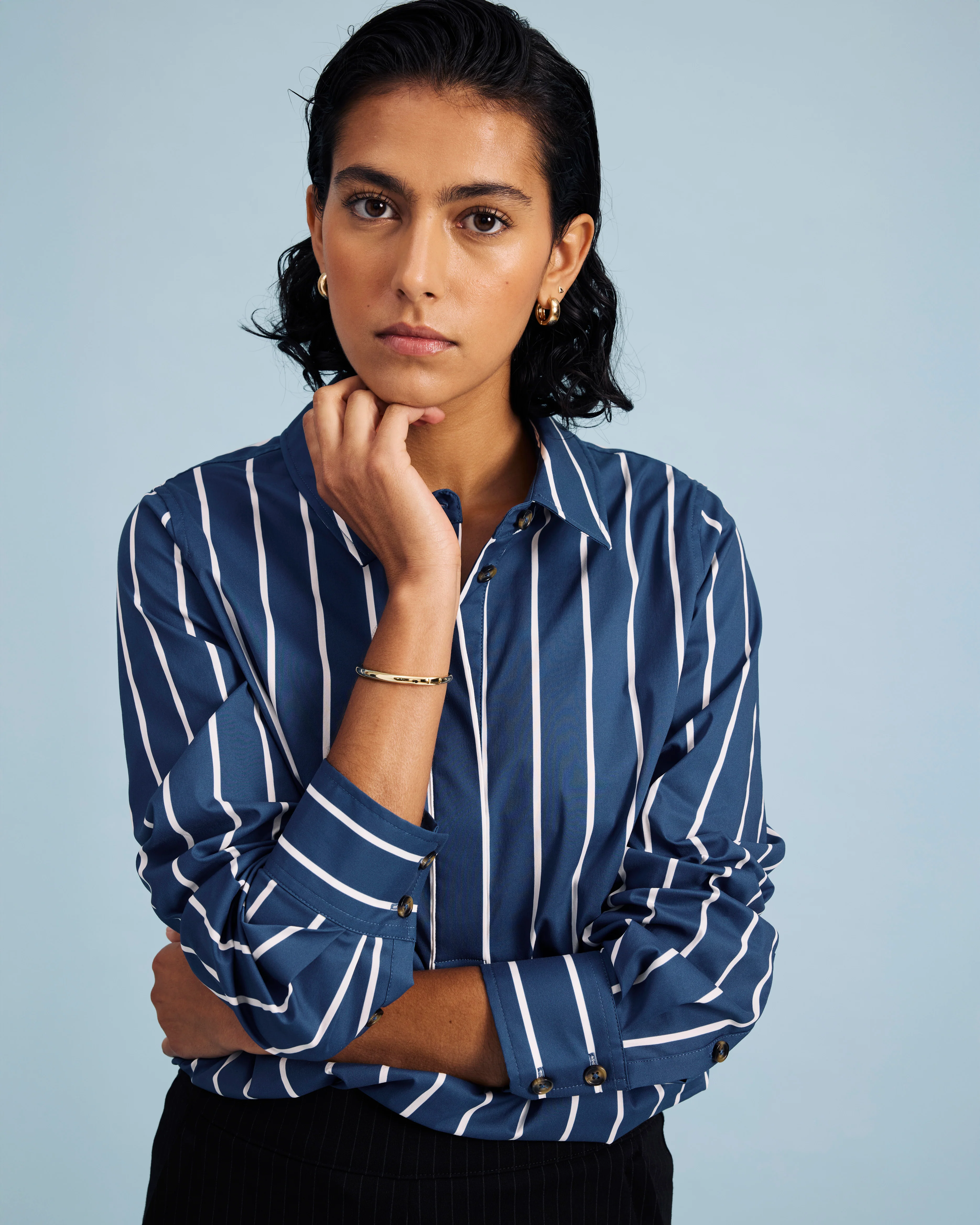 Elbe Popover Stretch Poplin Shirt Classic Fit - Ensign Blue/White Stripe - Image 4