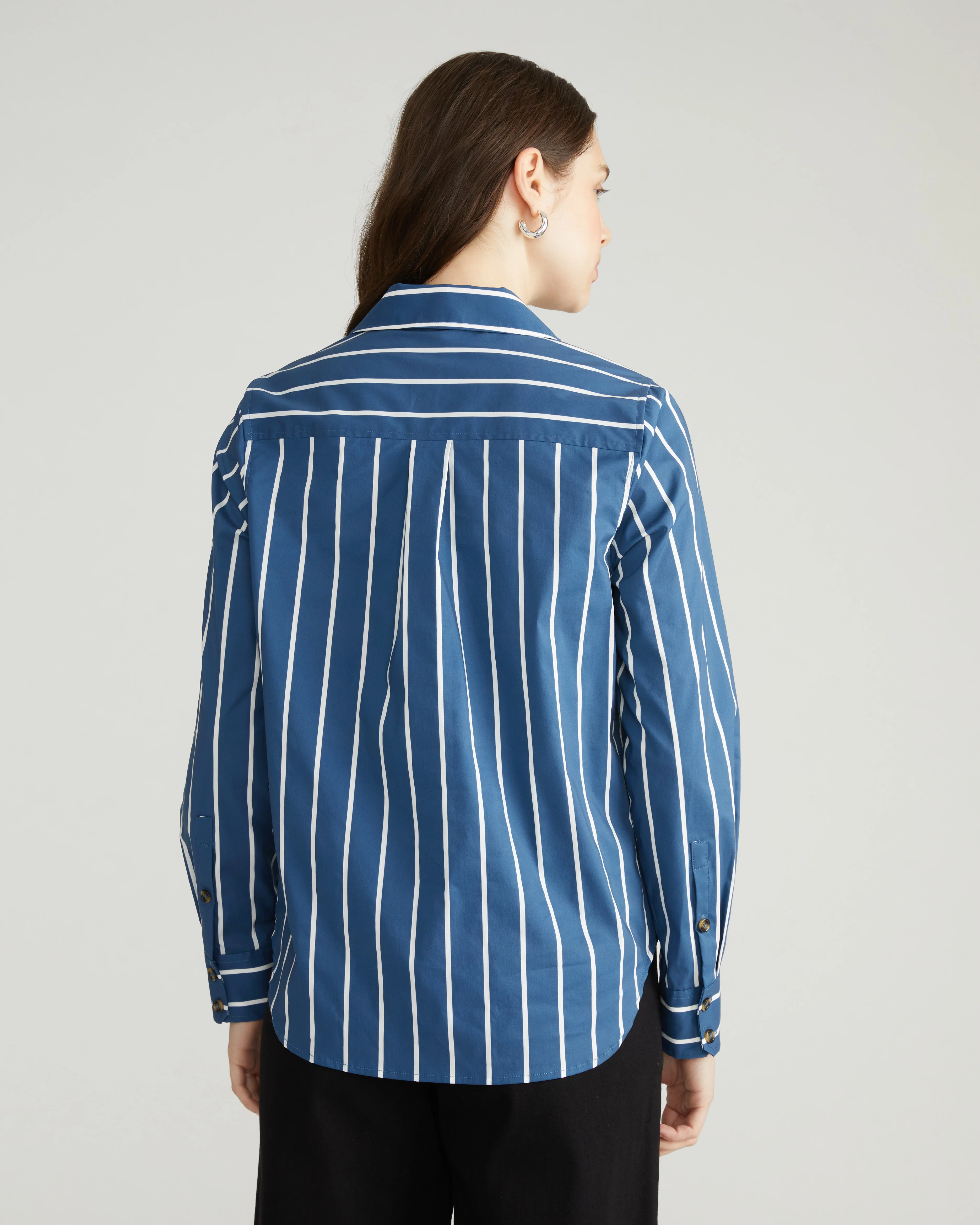 Elbe Popover Stretch Poplin Shirt Classic Fit - Ensign Blue/White Stripe - Image 9