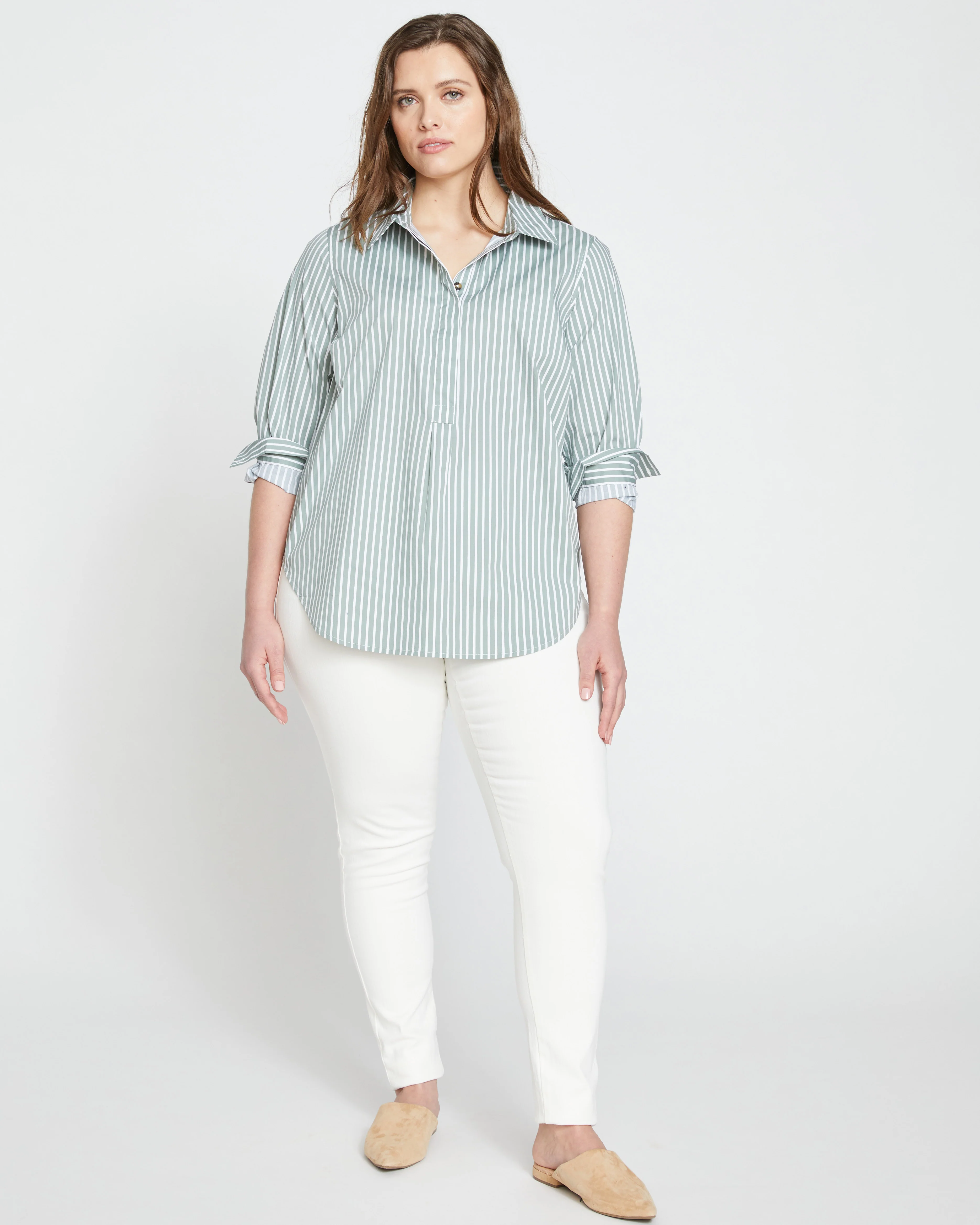 Elbe Popover Stretch Poplin Shirt Classic Fit - Sage/White Stripe - Image 2
