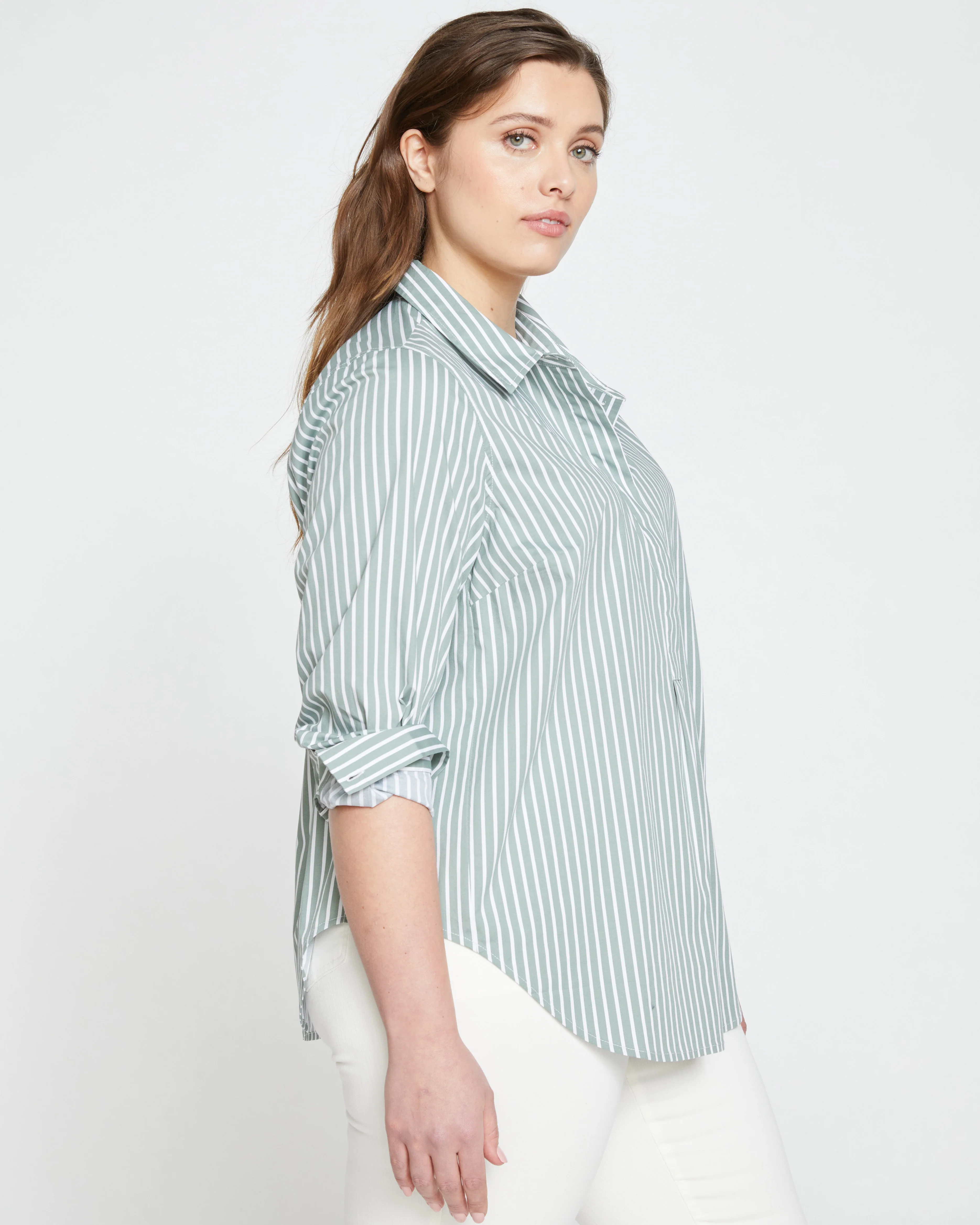 Elbe Popover Stretch Poplin Shirt Classic Fit - Sage/White Stripe - Image 3
