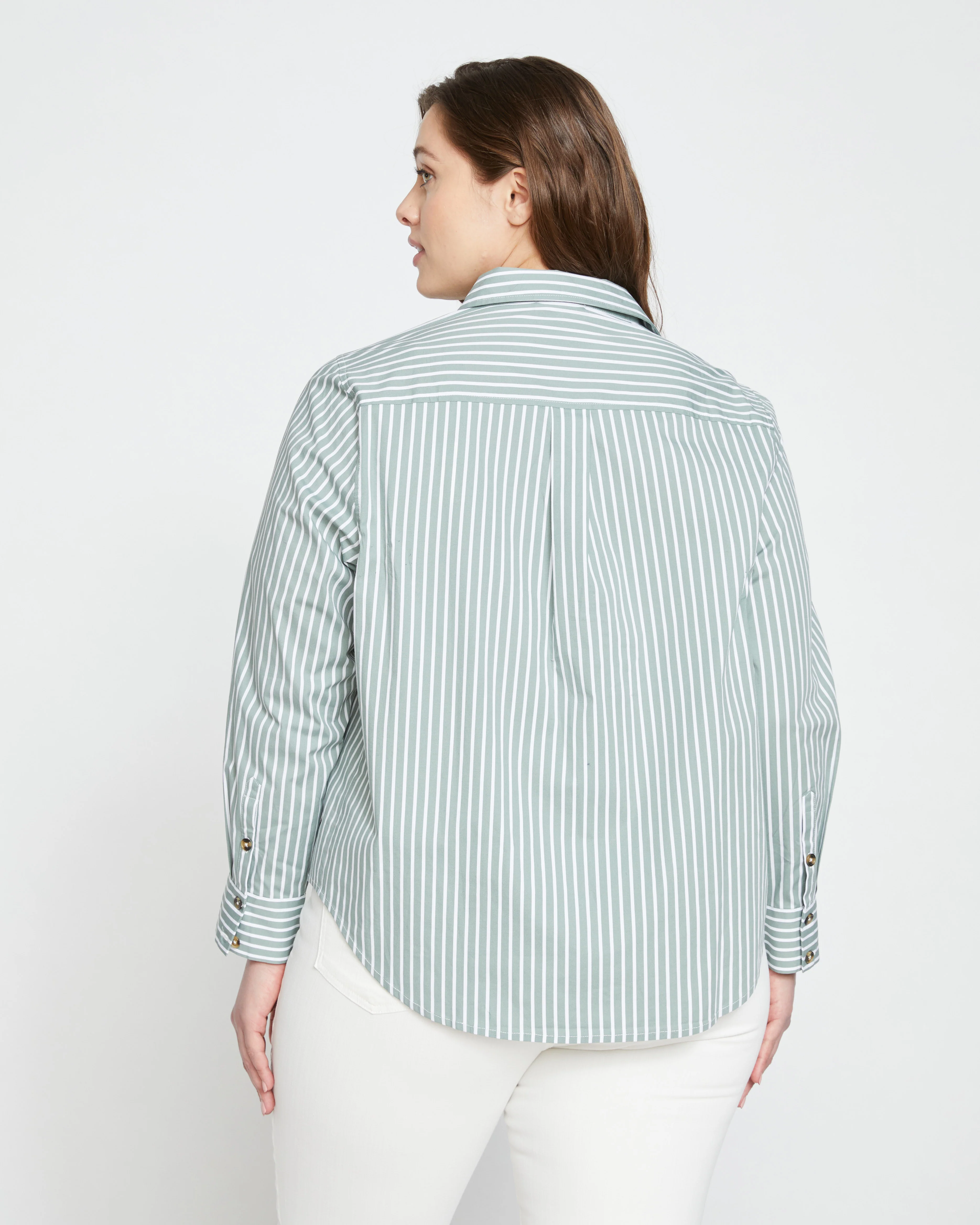 Elbe Popover Stretch Poplin Shirt Classic Fit - Sage/White Stripe - Image 4