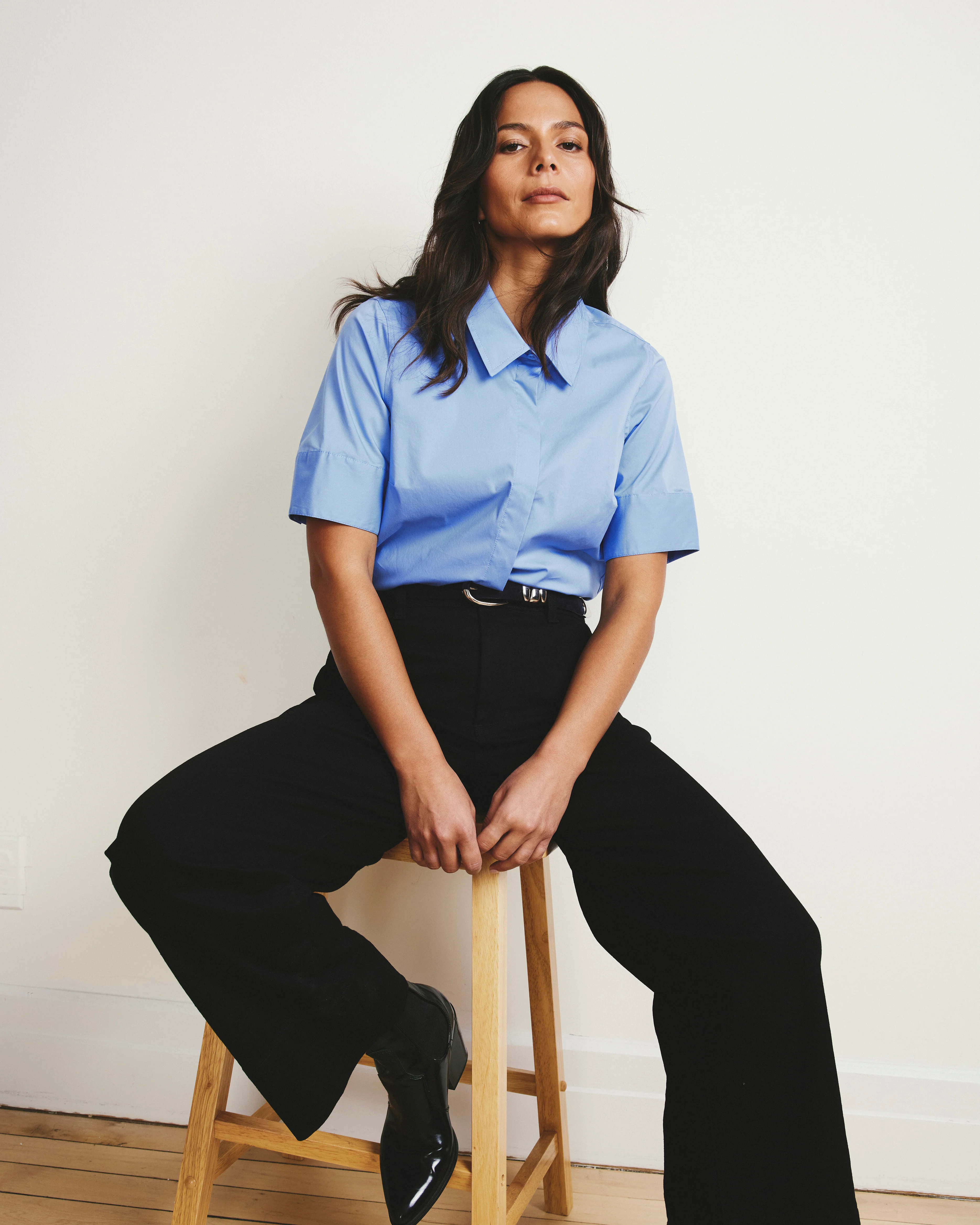 Elbe Stretch Poplin Short Sleeve Shirt - Soft Blue - Image 2