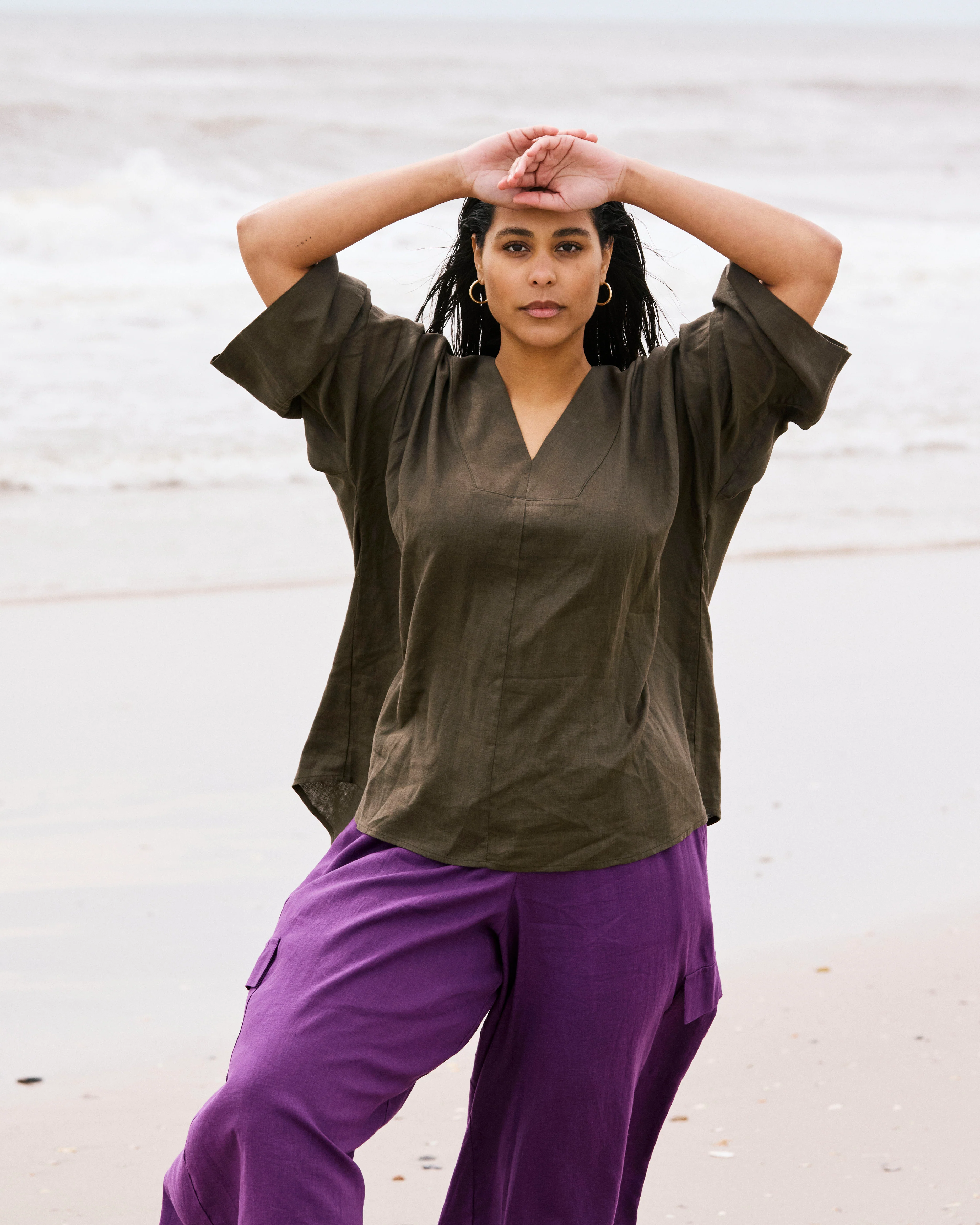 Elio V-Neck Linen Top - Camo - Image 2