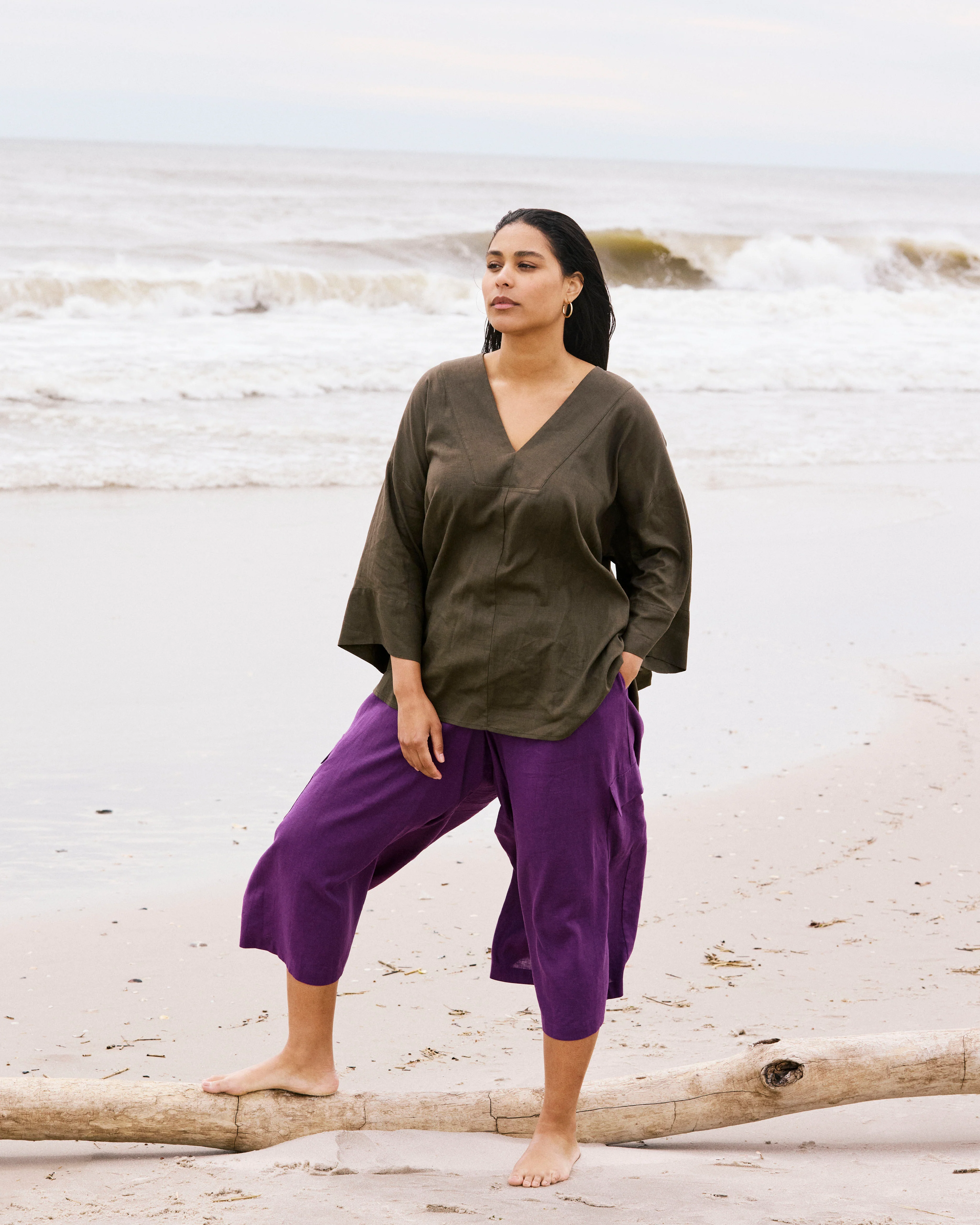 Elio V-Neck Linen Top - Camo - Image 3