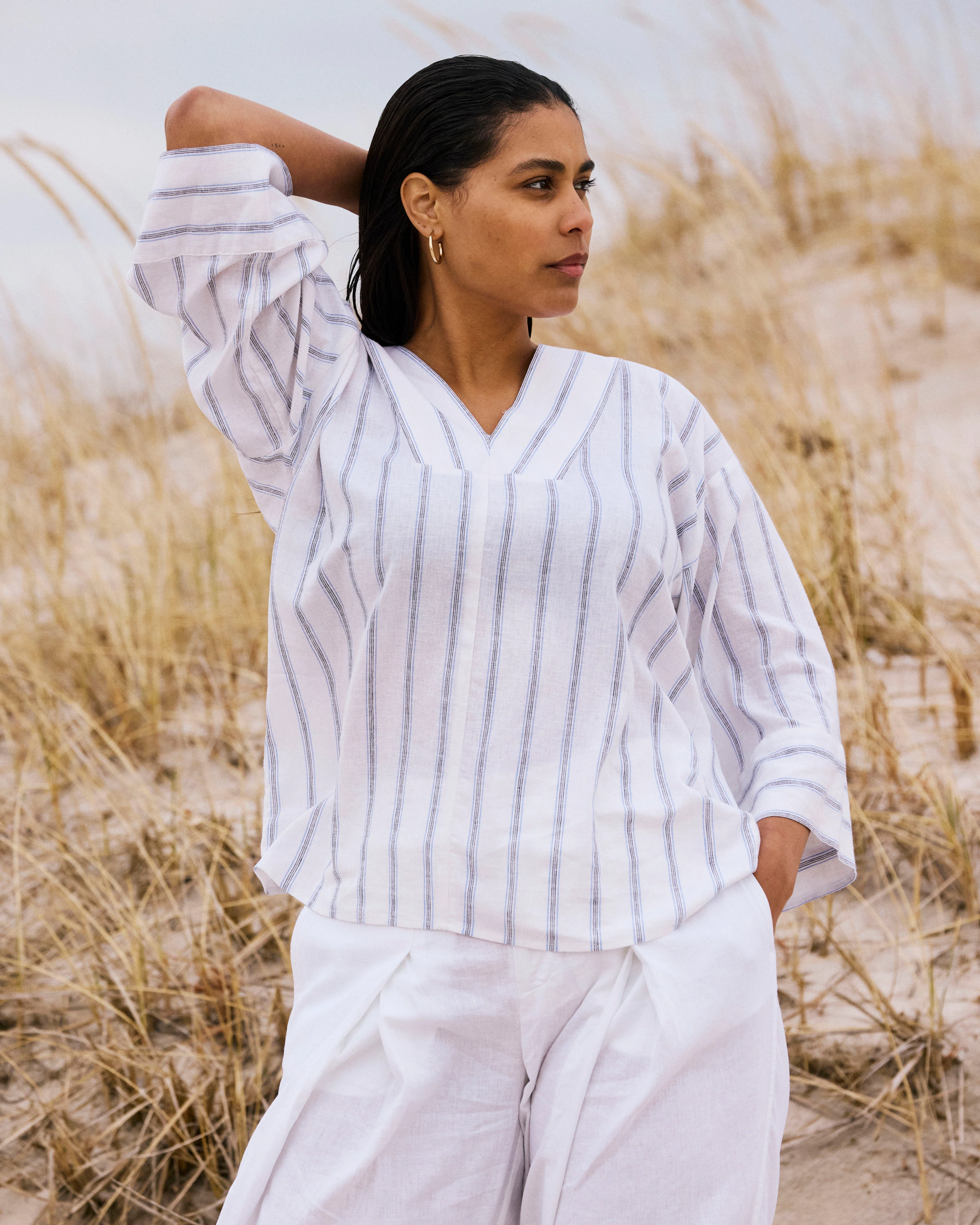 Elio V-Neck Linen Top - Mayfair Stripe - Image 3